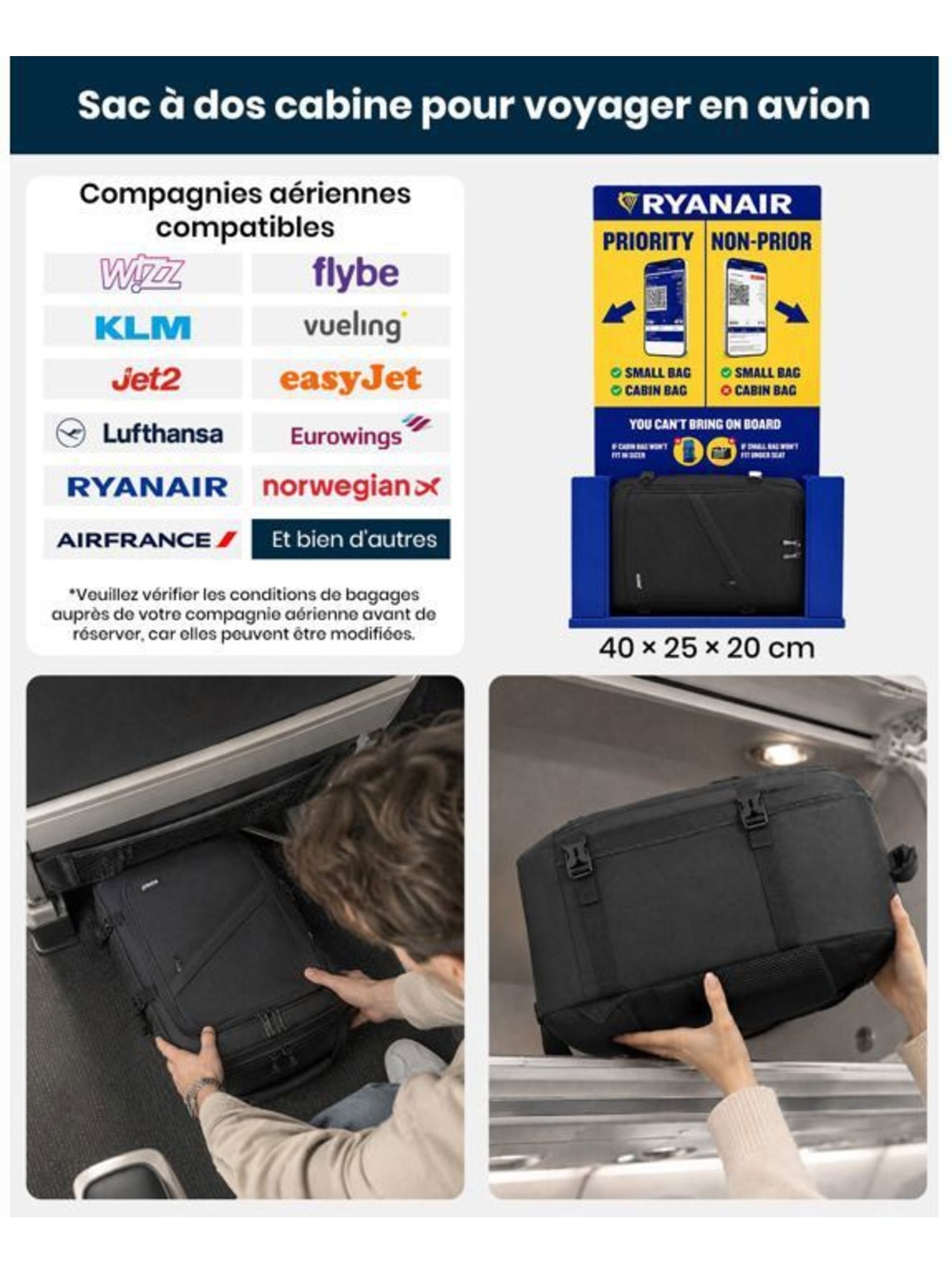 Sac à dos cabine 40x20x25 cm 20 l sous-siège ryanair - kono - Noir