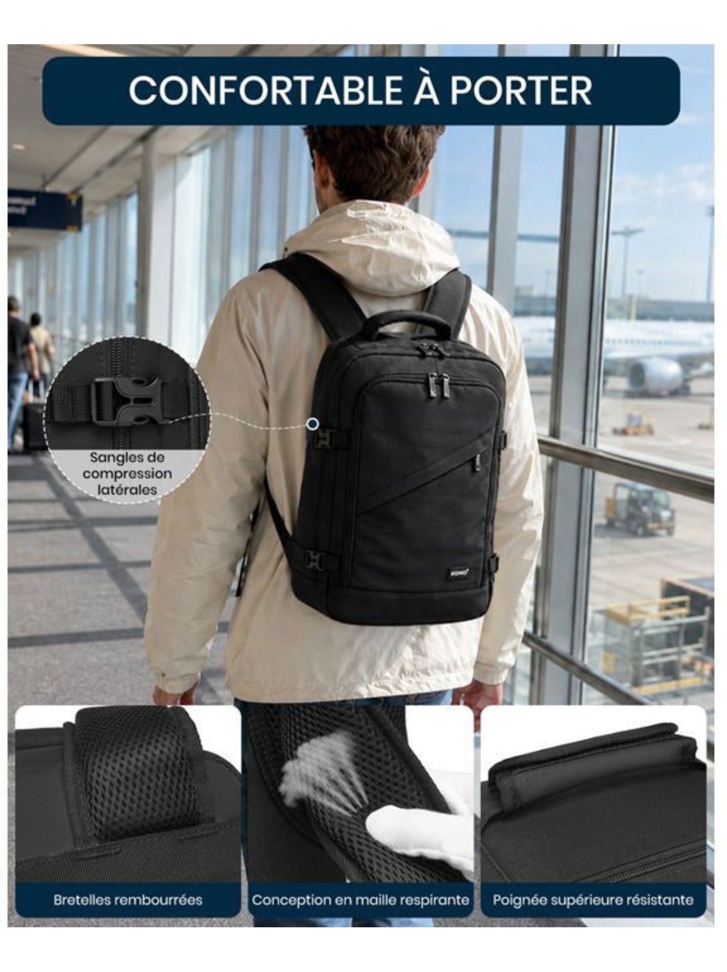 Sac à dos cabine 40x20x25 cm 20 l sous-siège ryanair - kono - Noir