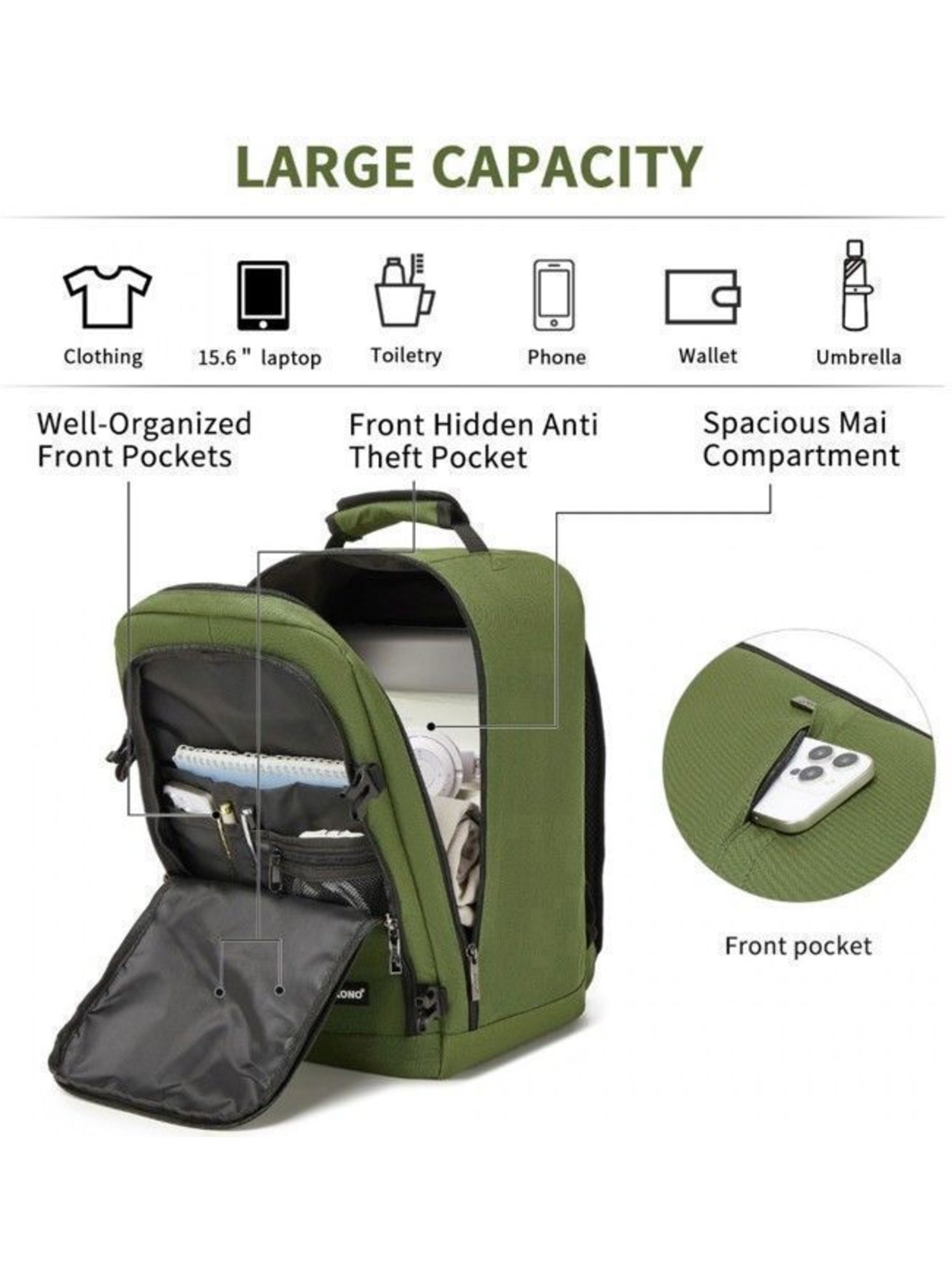 Sac à dos cabine 40x20x25 cm 20 l sous-siège ryanair - kono - Vert