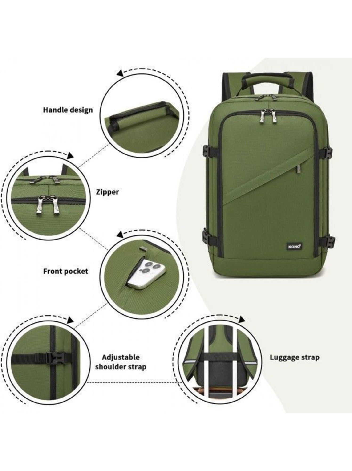 Sac à dos cabine 40x20x25 cm 20 l sous-siège ryanair - kono - Vert