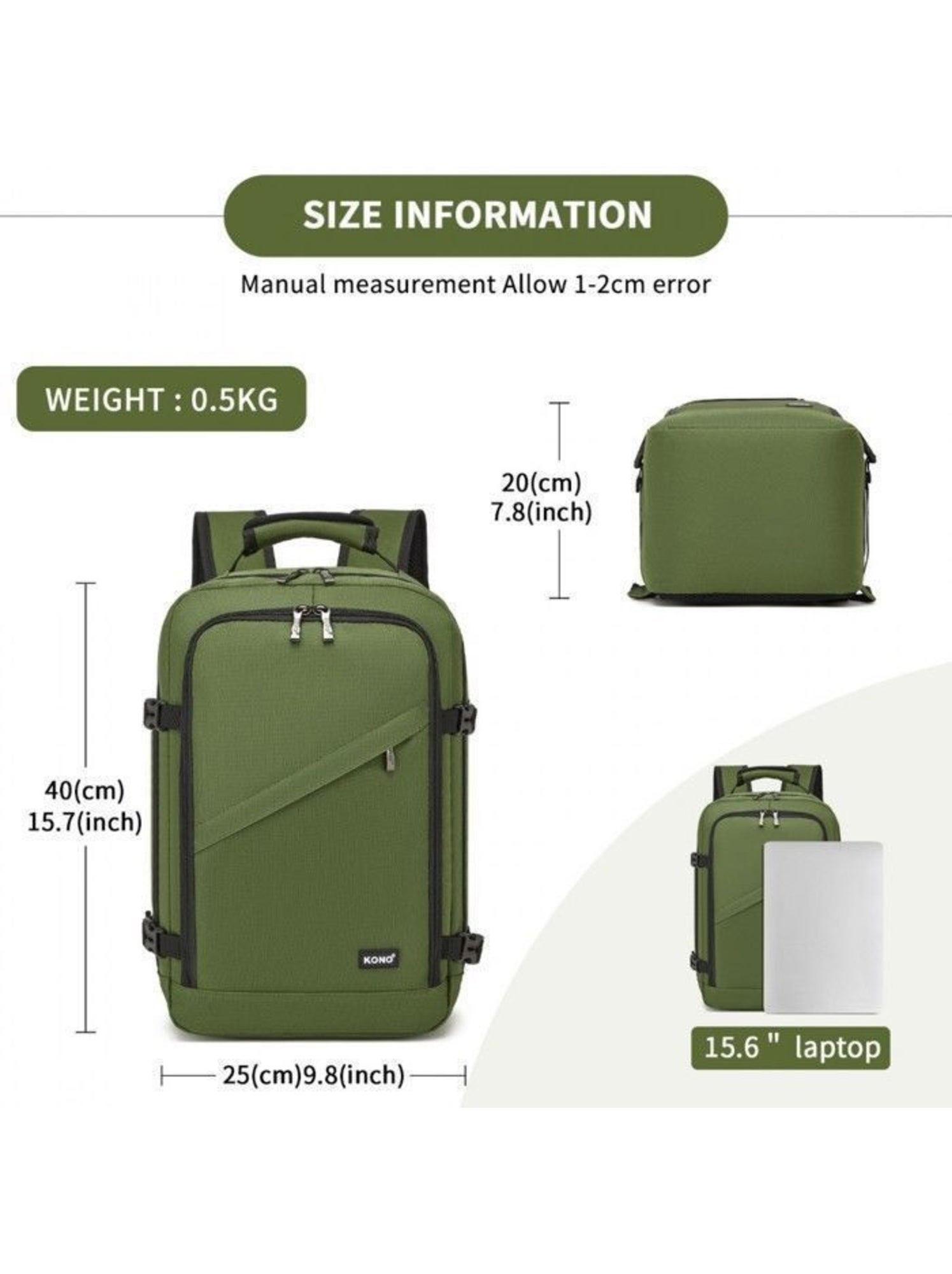 Sac à dos cabine 40x20x25 cm 20 l sous-siège ryanair - kono - Vert