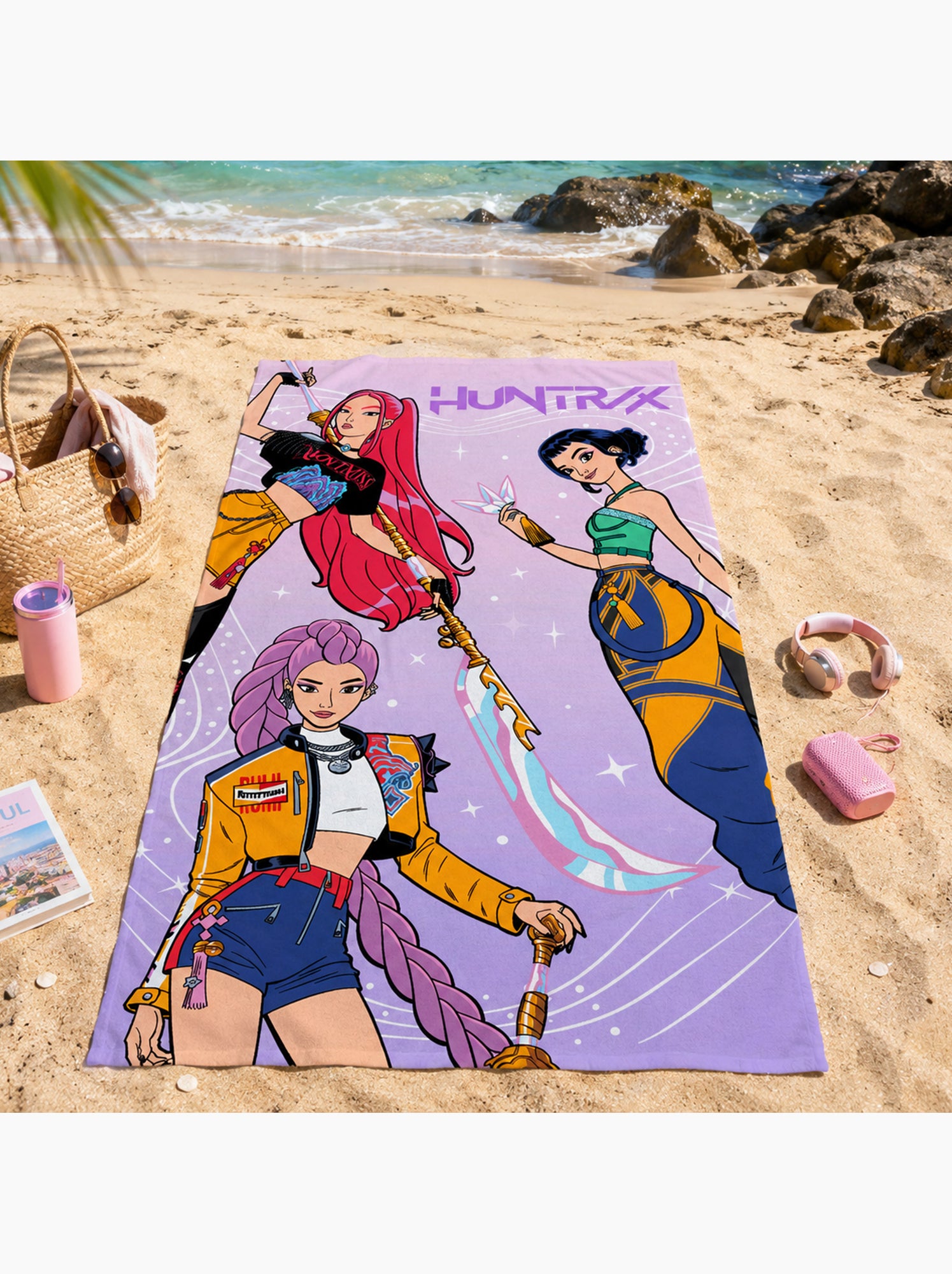 Serviette de bain et de plage imprimée 100% coton, kpop demon hunters tour - Violet