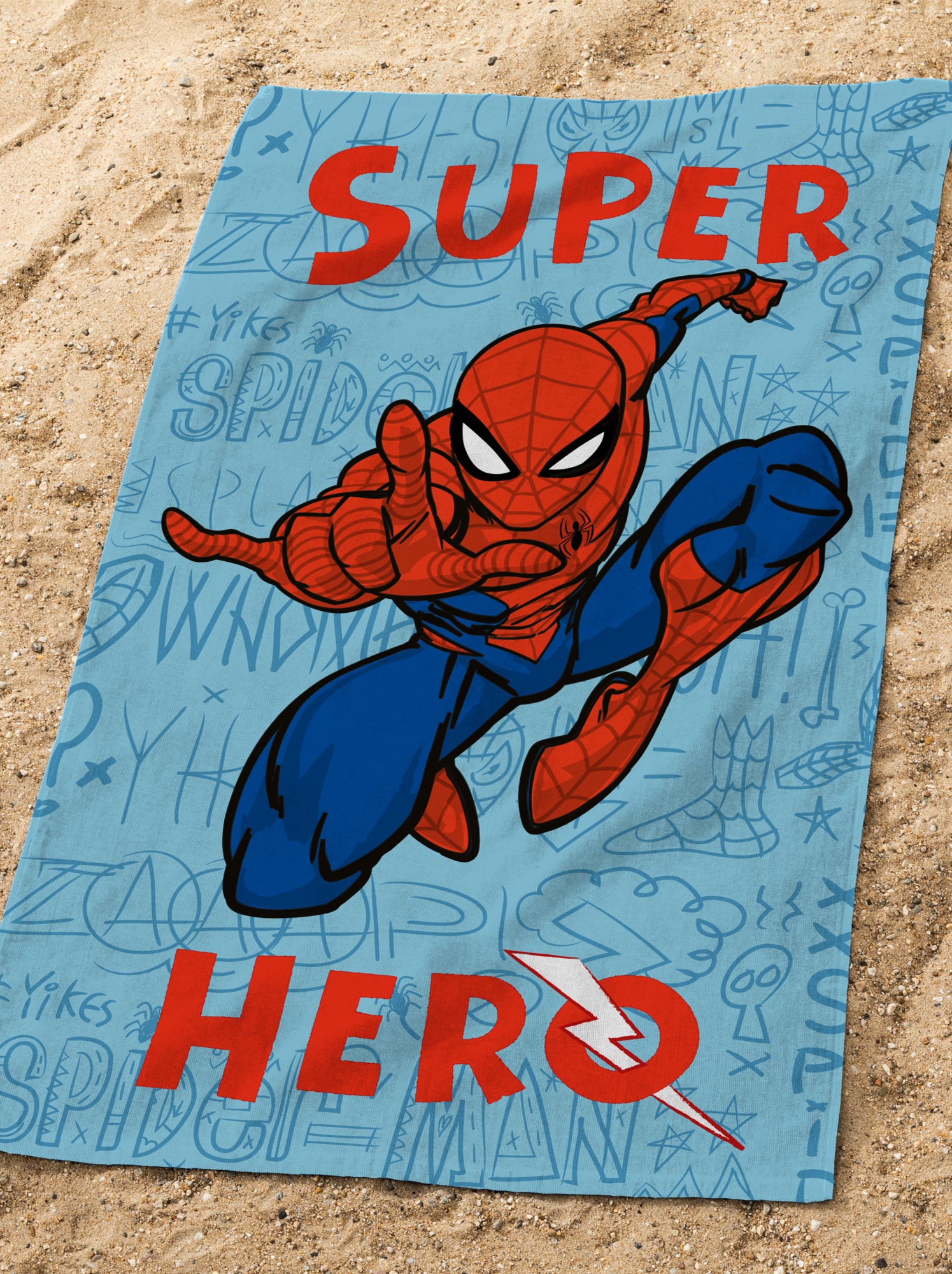 Serviette de bain et de plage imprimée 100% coton, SPIDERMAN HOME SKETCHES - Bleu Rouge
