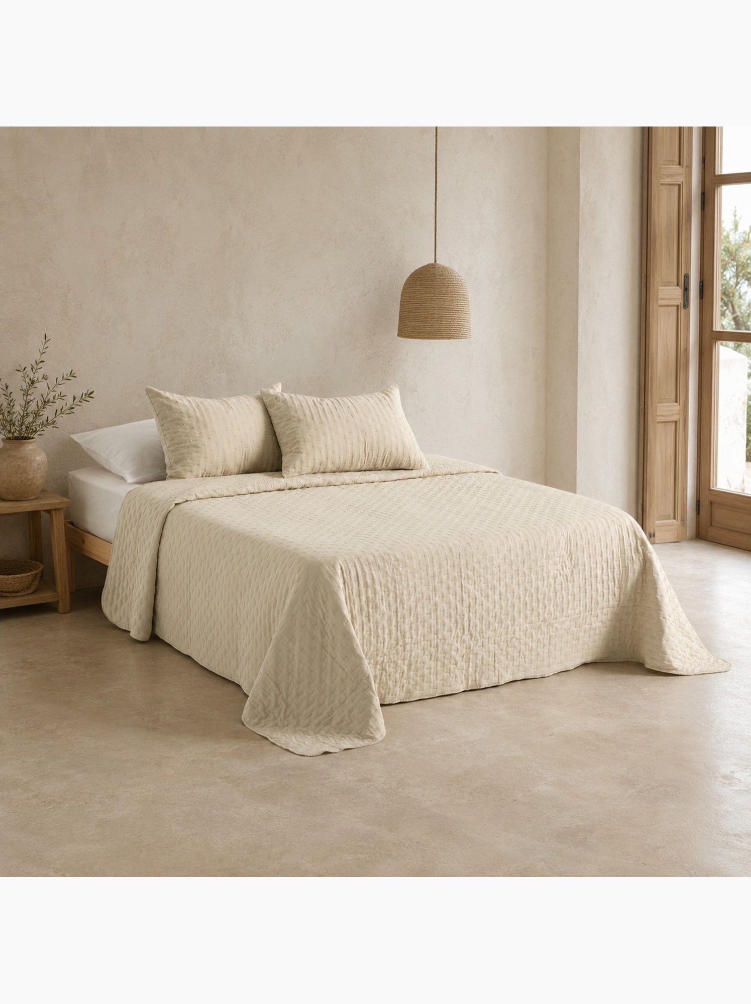 Set couvre-lit uni matelassé avec taie d’oreiller - Beige