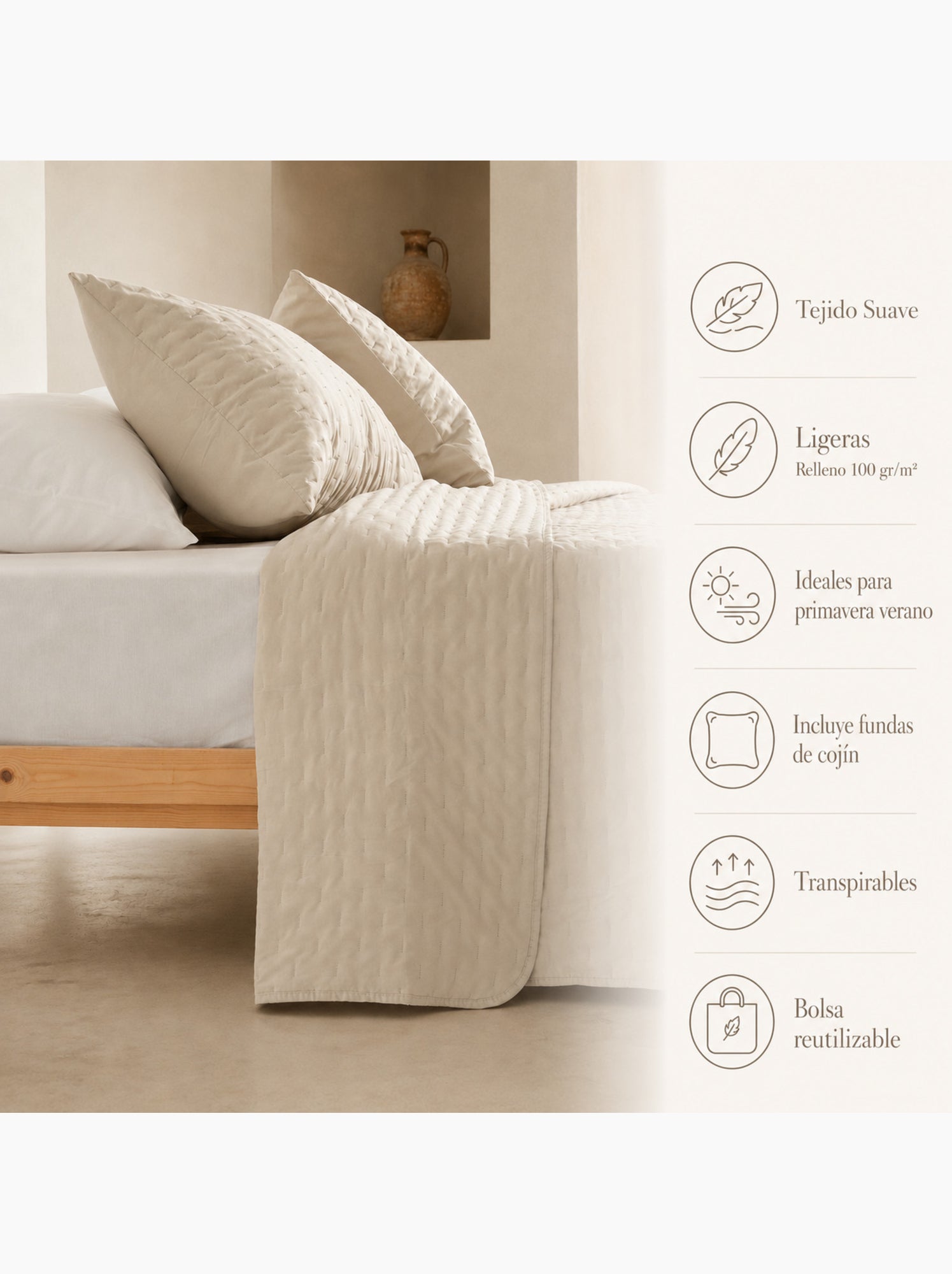 Set couvre-lit uni matelassé avec taie d’oreiller - Beige