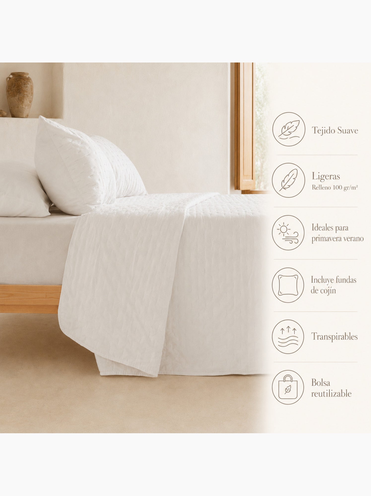 Set couvre-lit uni matelassé avec taie d’oreiller - Blanc