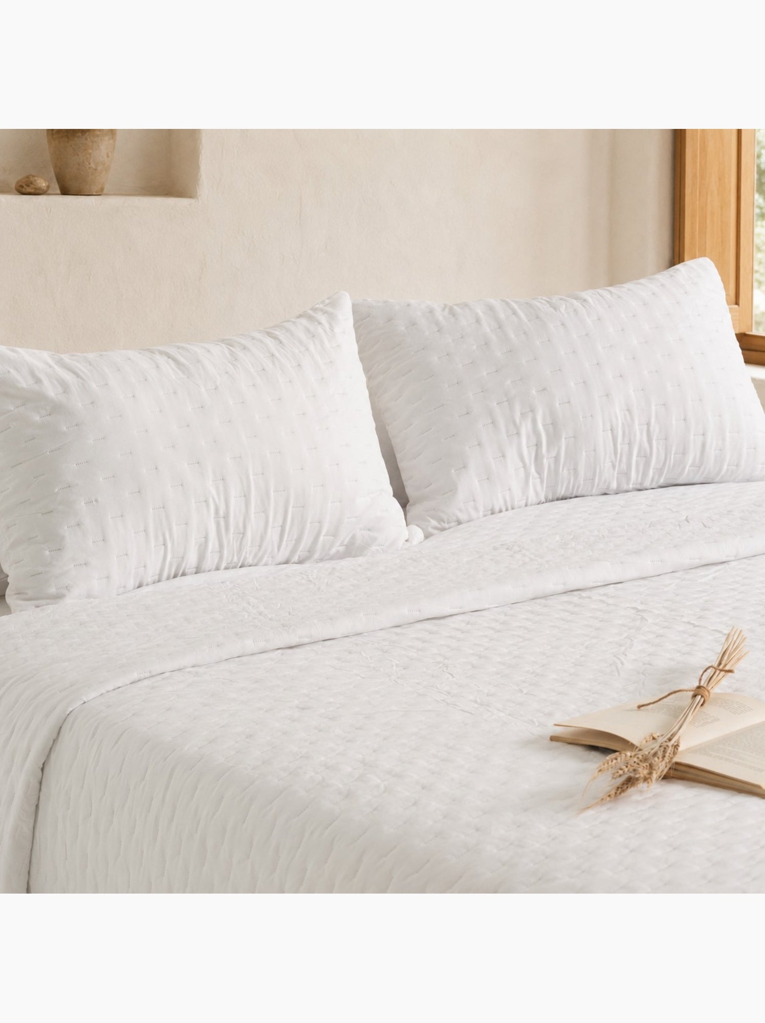 Set couvre-lit uni matelassé avec taie d’oreiller - Blanc