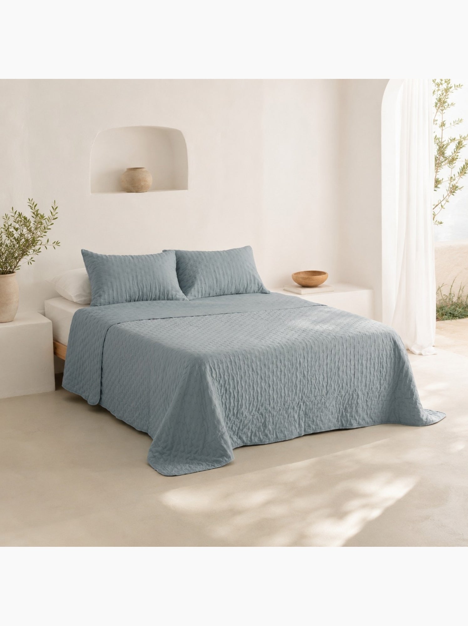 Set couvre-lit uni matelassé avec taie d’oreiller - Bleu