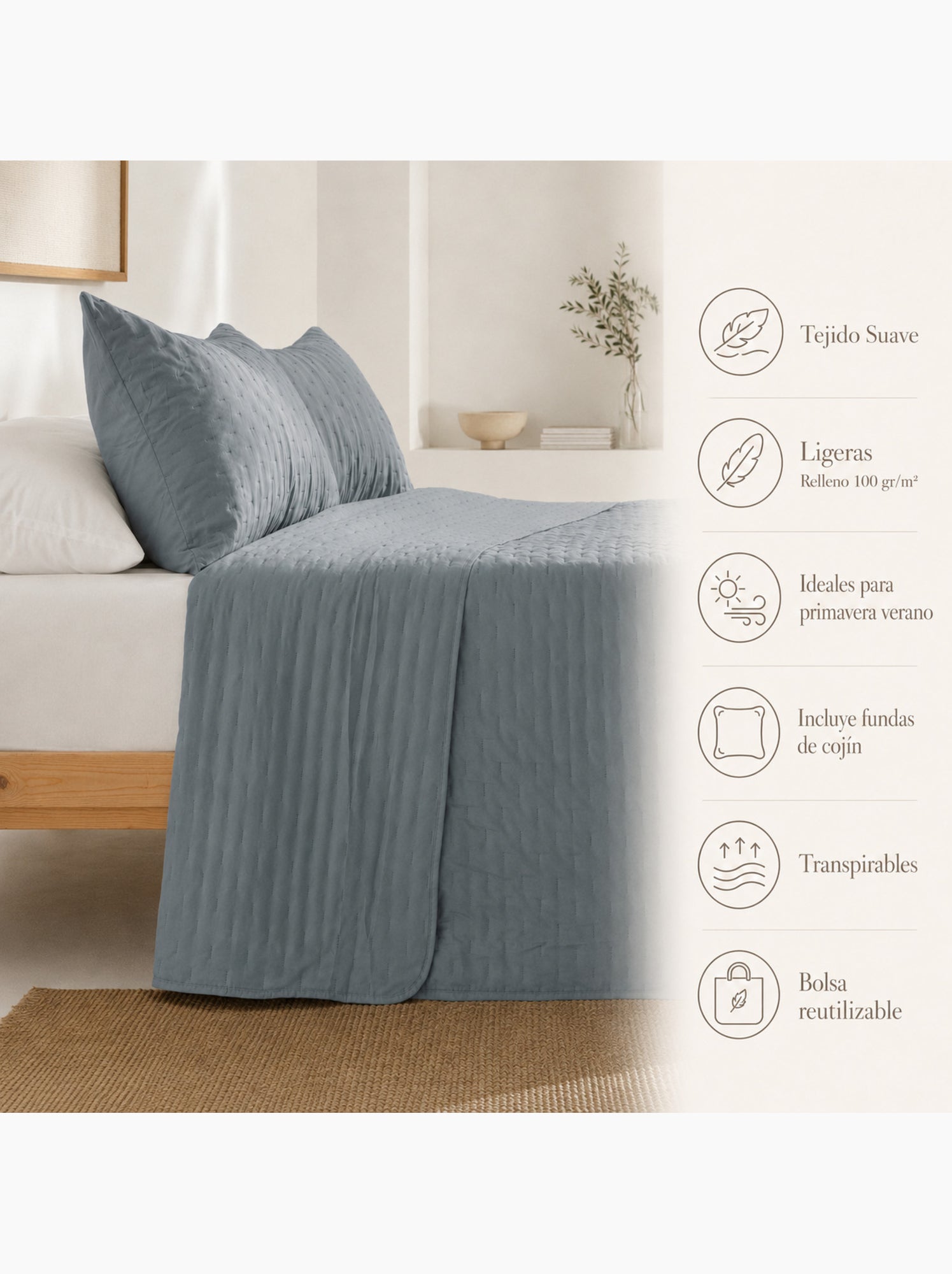 Set couvre-lit uni matelassé avec taie d’oreiller - Bleu