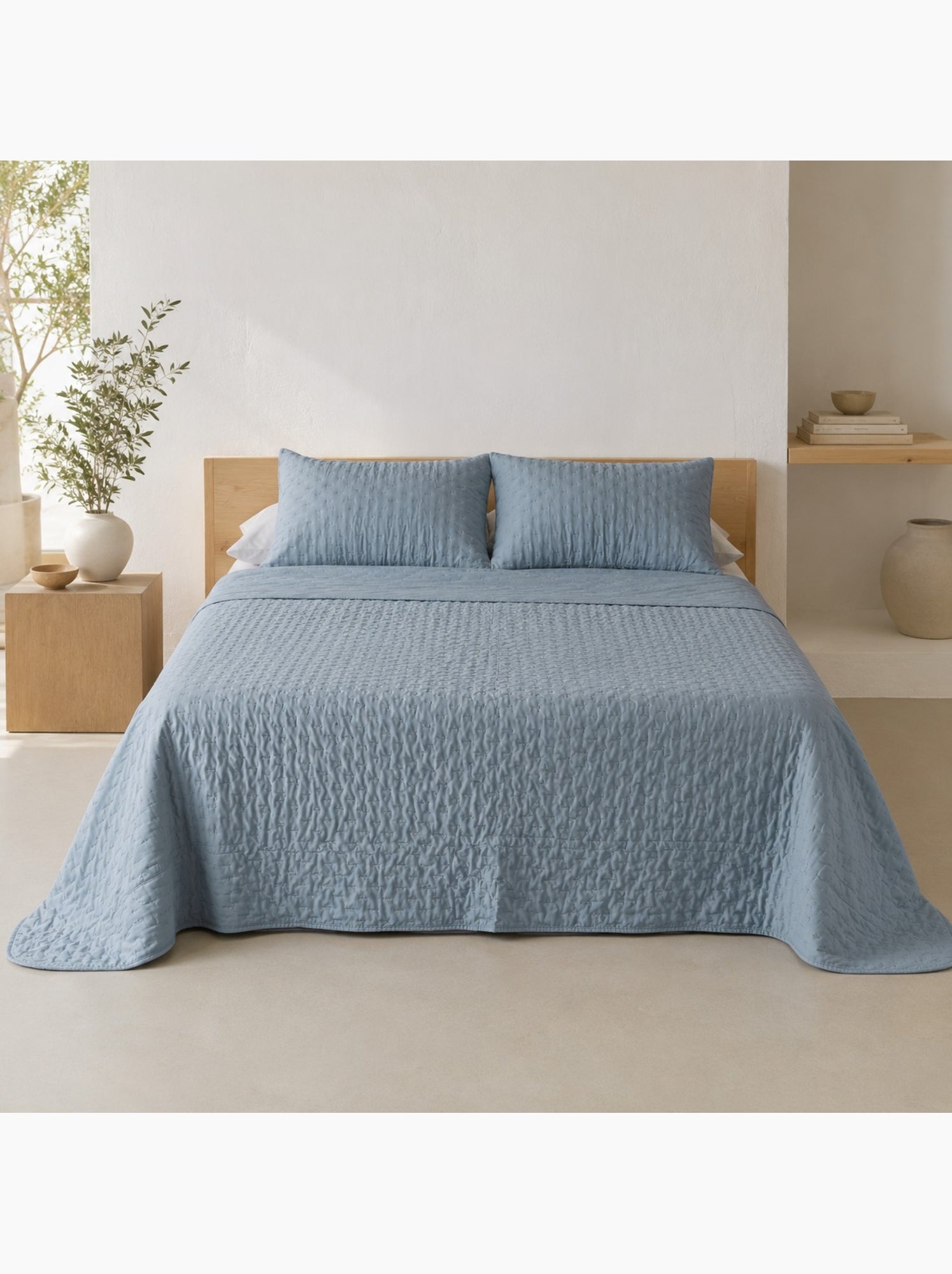 Set couvre-lit uni matelassé avec taie d’oreiller - Bleu