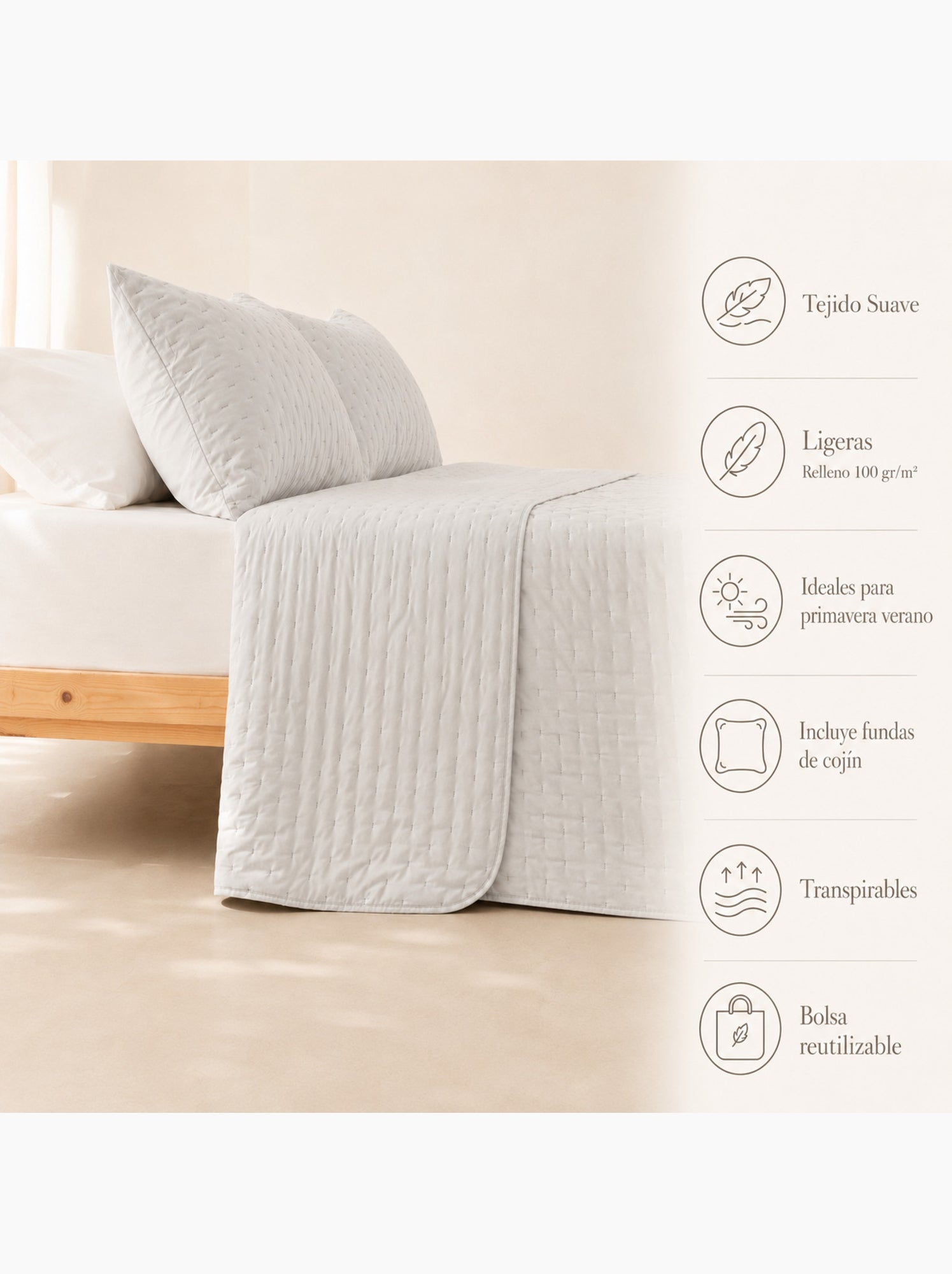 Set couvre-lit uni matelassé avec taie d’oreiller - Gris clair