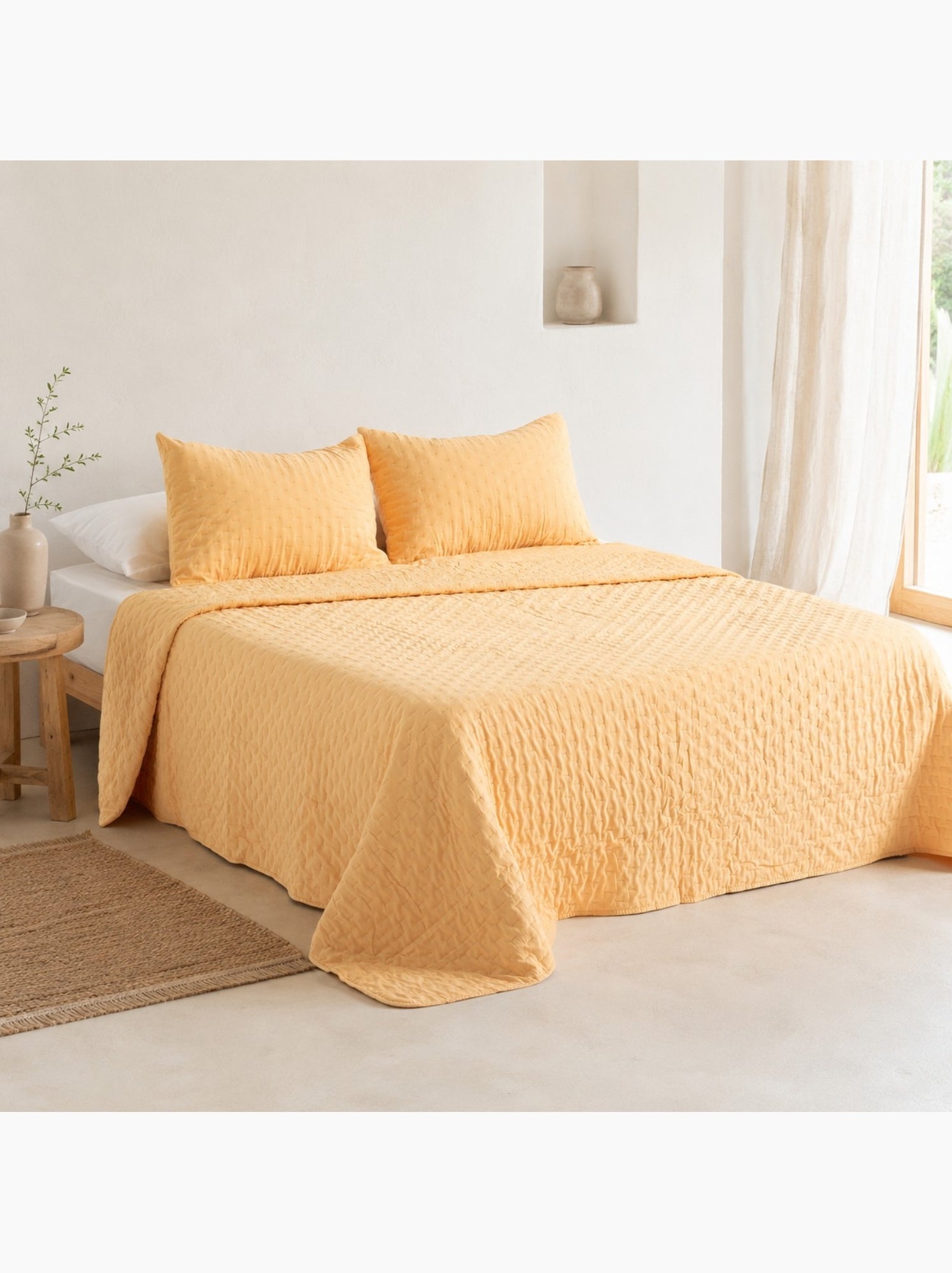 Set couvre-lit uni matelassé avec taie d’oreiller - Jaune moutarde