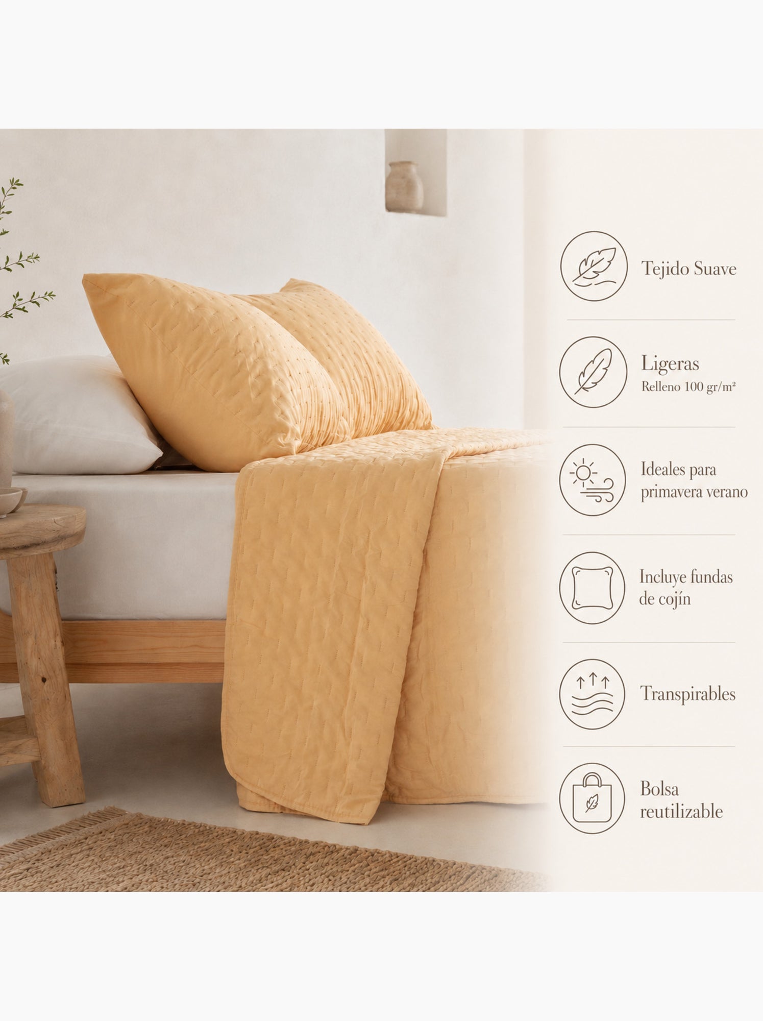 Set couvre-lit uni matelassé avec taie d’oreiller - Jaune moutarde