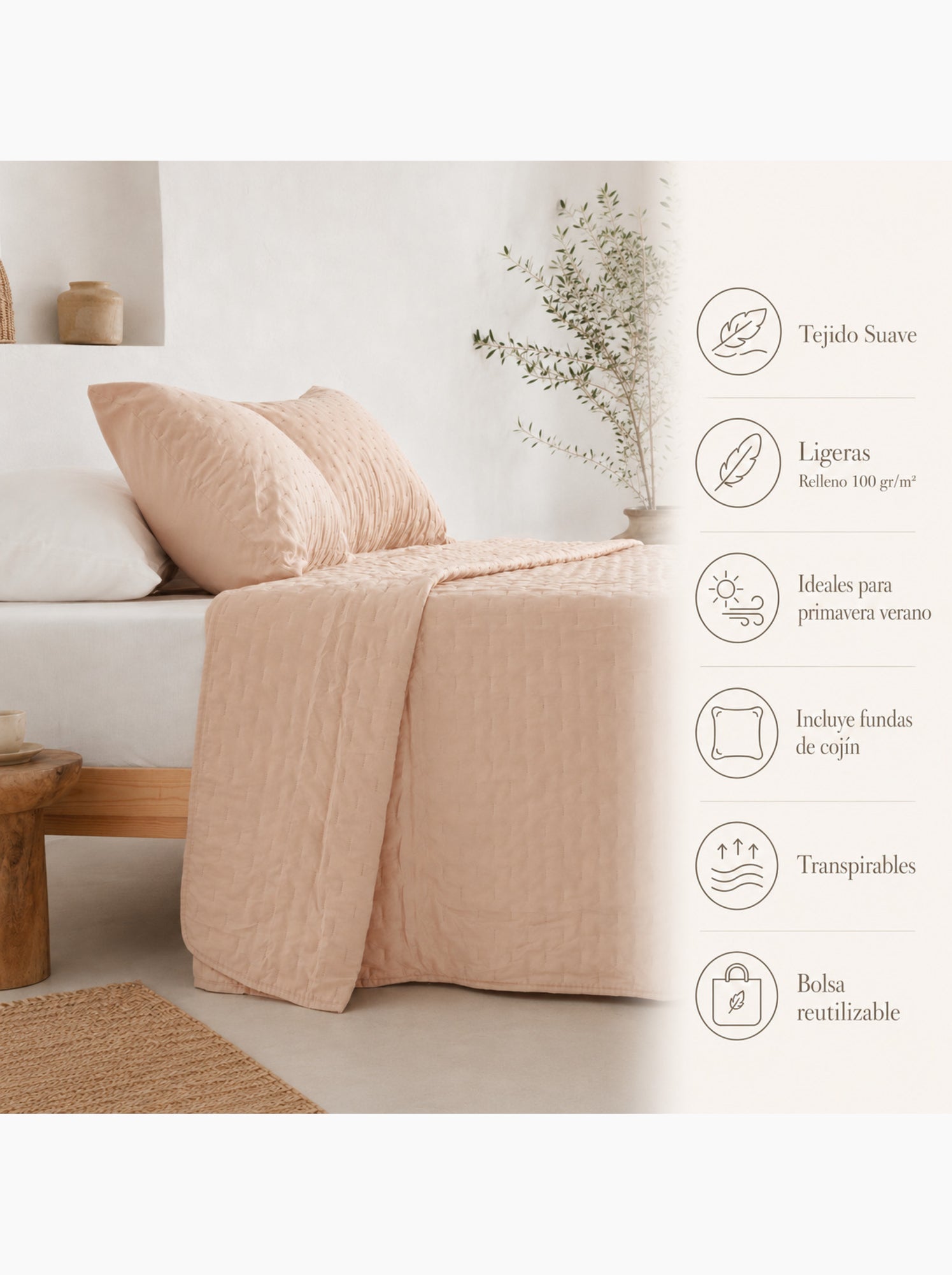 Set couvre-lit uni matelassé avec taie d’oreiller - Taupe