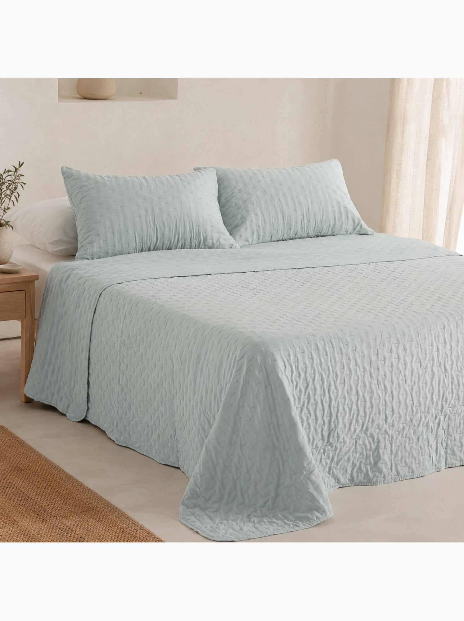 Set couvre-lit uni matelassé avec taie d’oreiller - Vert d'eau