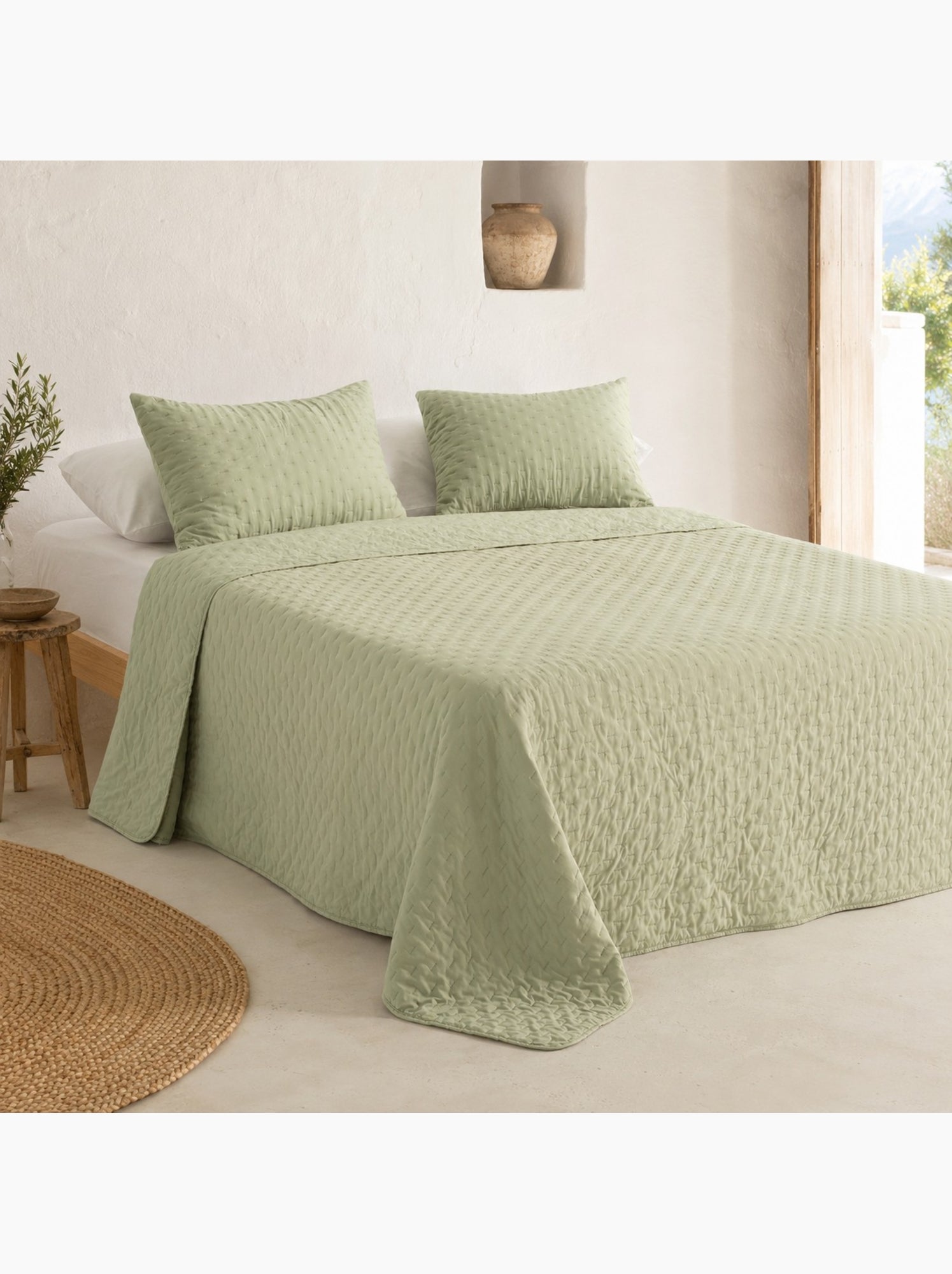 Set couvre-lit uni matelassé avec taie d’oreiller - Vert