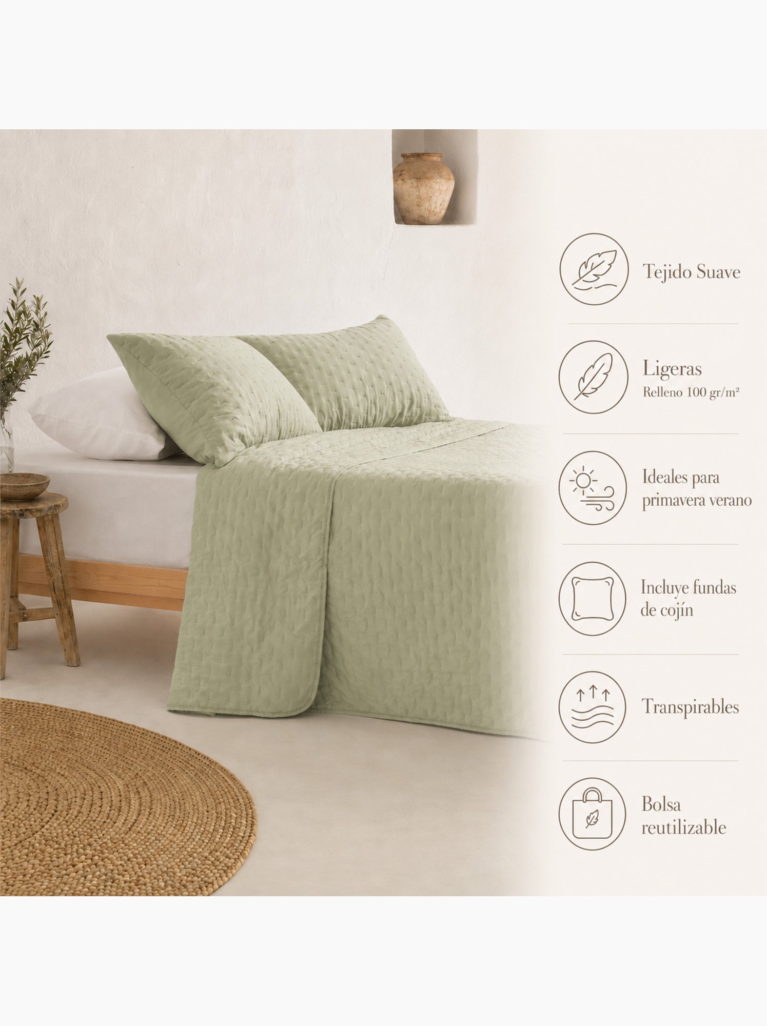 Set couvre-lit uni matelassé avec taie d’oreiller - Vert