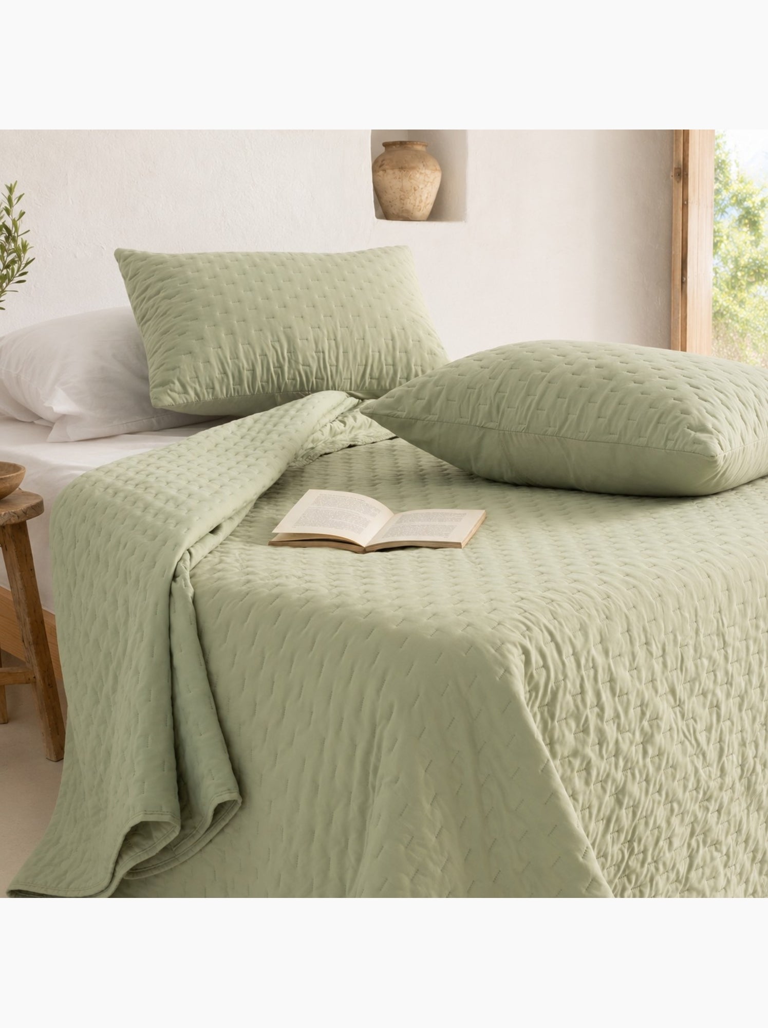Set couvre-lit uni matelassé avec taie d’oreiller - Vert