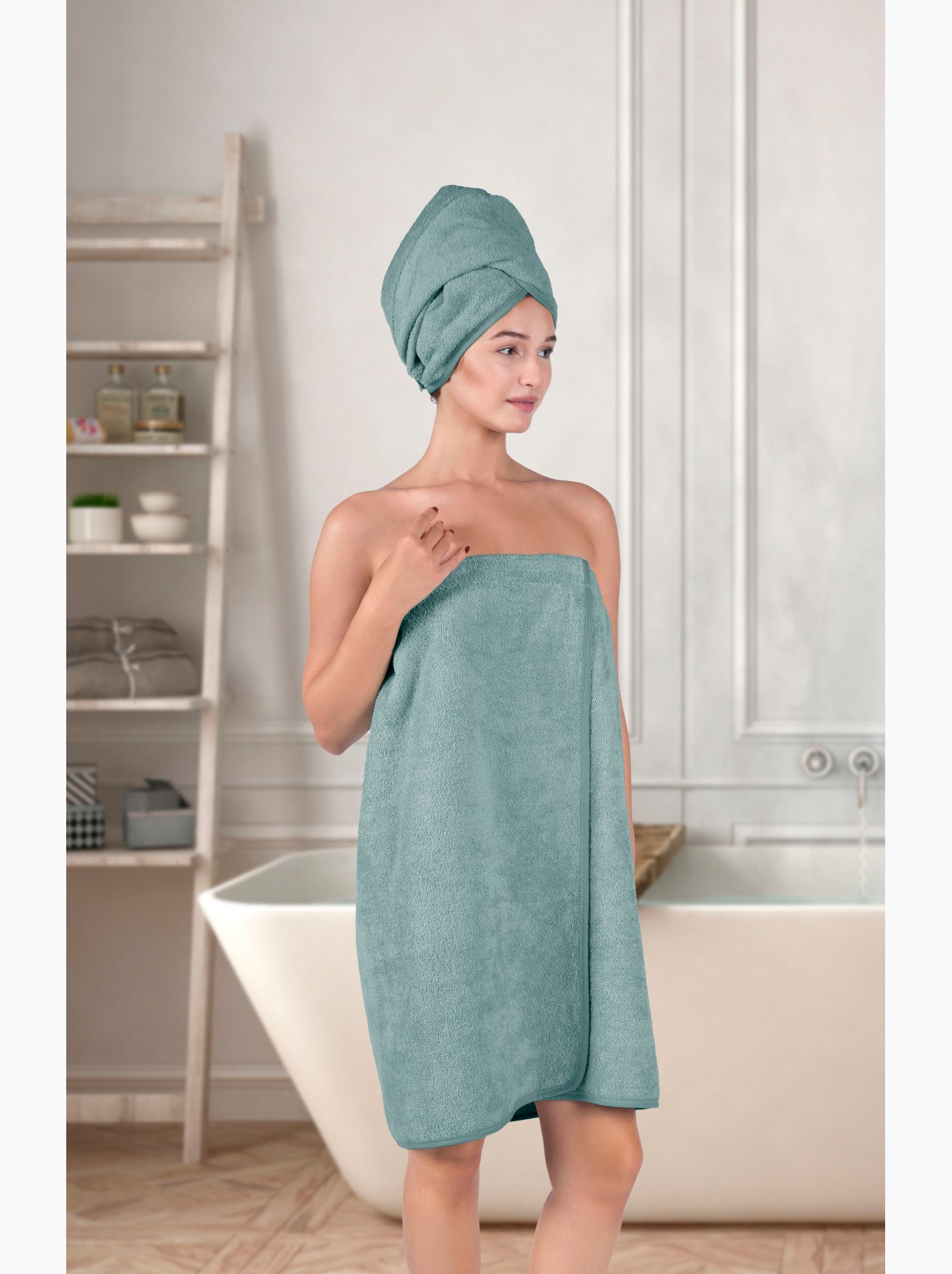 Set Paréo et serviette à cheveux - Vert d'eau