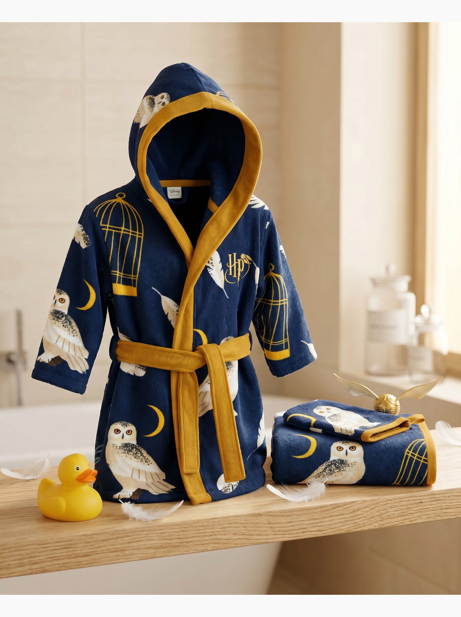 Set Peignoir Capuche + Serviette 50x100cm + Gant Harry Potter Hedwige – 100% Polyester - Noir Bleu
