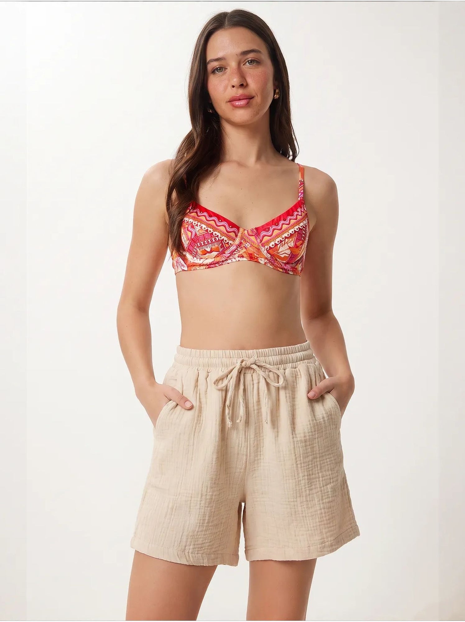 Short en coton taille haute et jambes larges istanbul - Beige argile