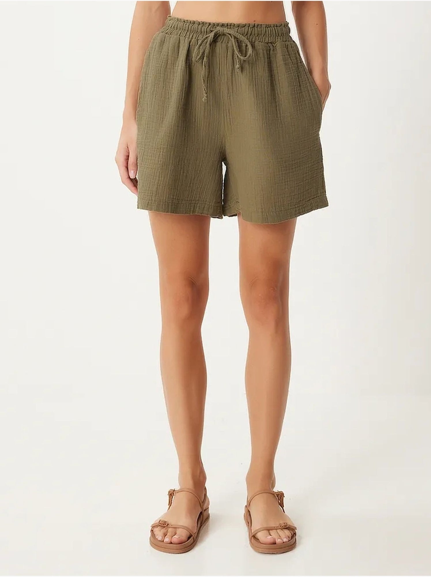 Short en coton taille haute et jambes larges istanbul - Kaki
