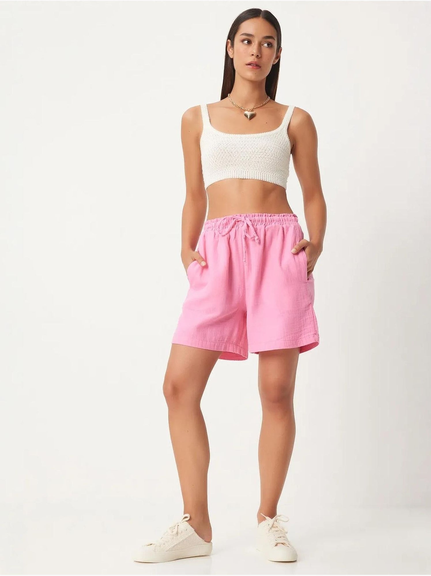 Short en coton taille haute et jambes larges istanbul - Rose clair