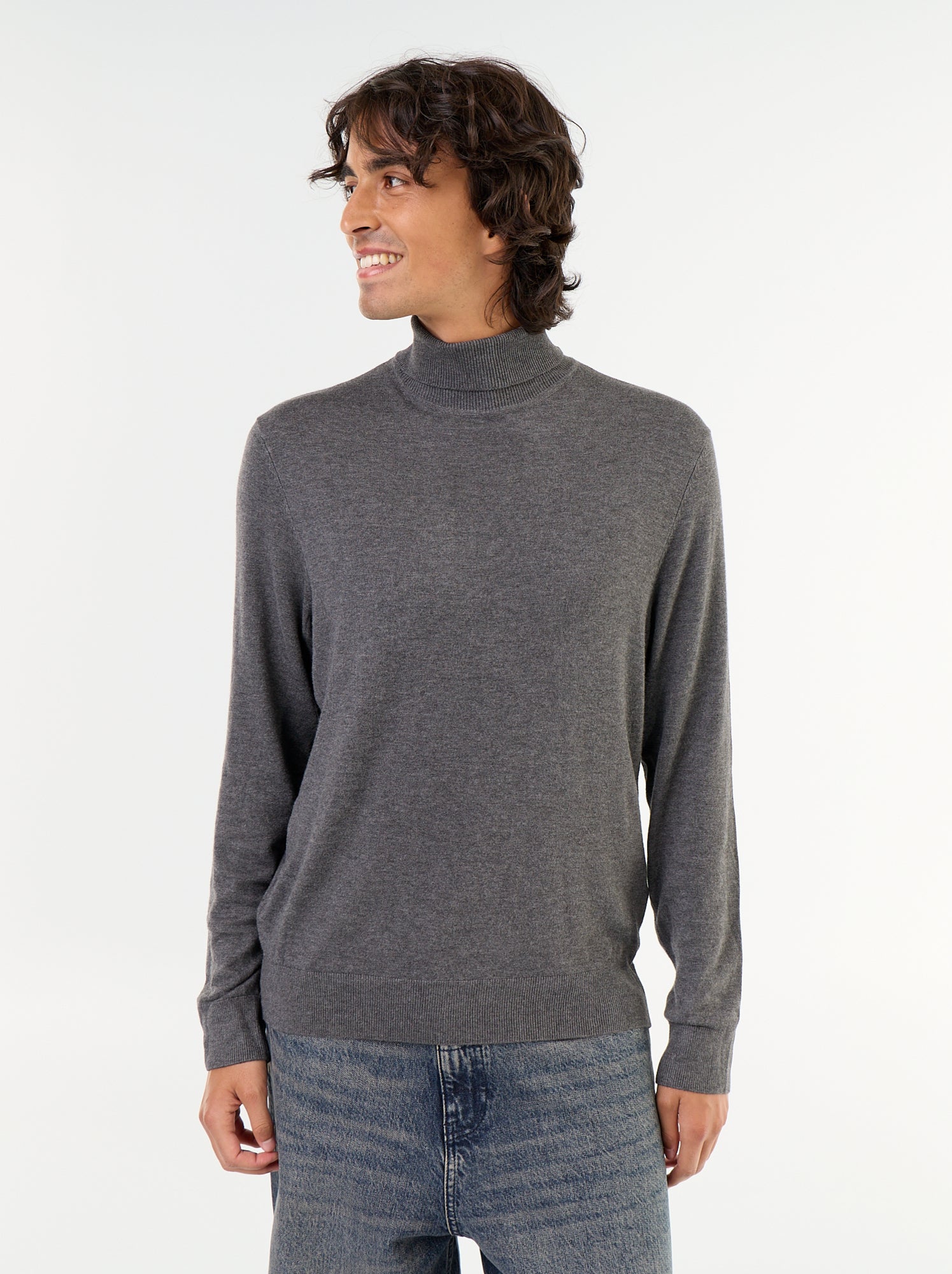 Sous-pull uni en maille fine jauge - Gris