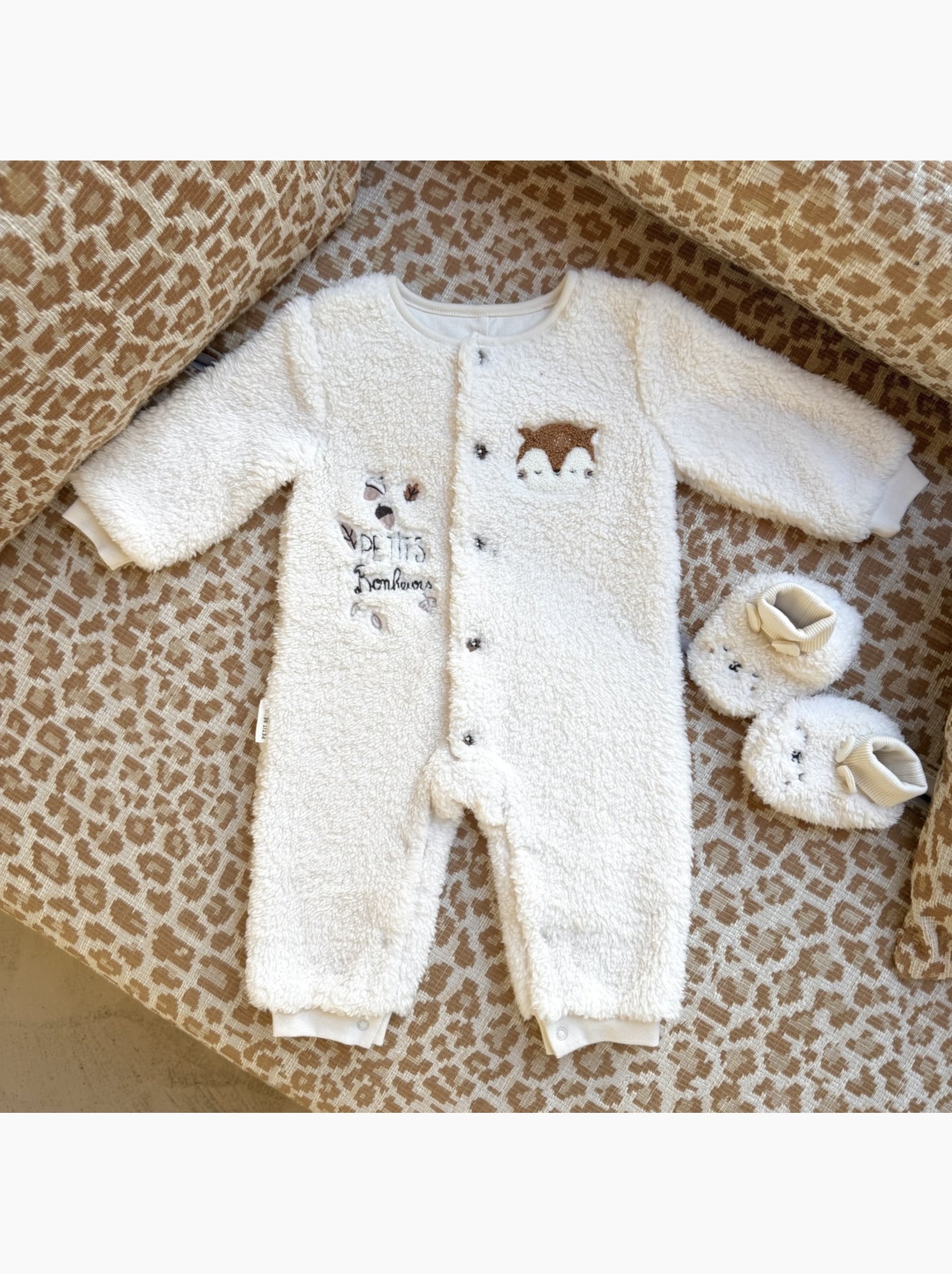 Surpyjama bébé en sherpa caramel - Ecru