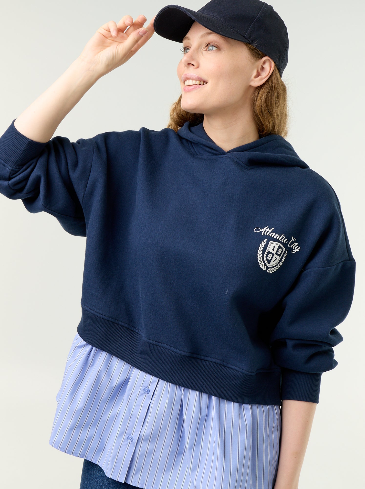 Sweat à capuche effet 2 en 1 base chemise - Bleu