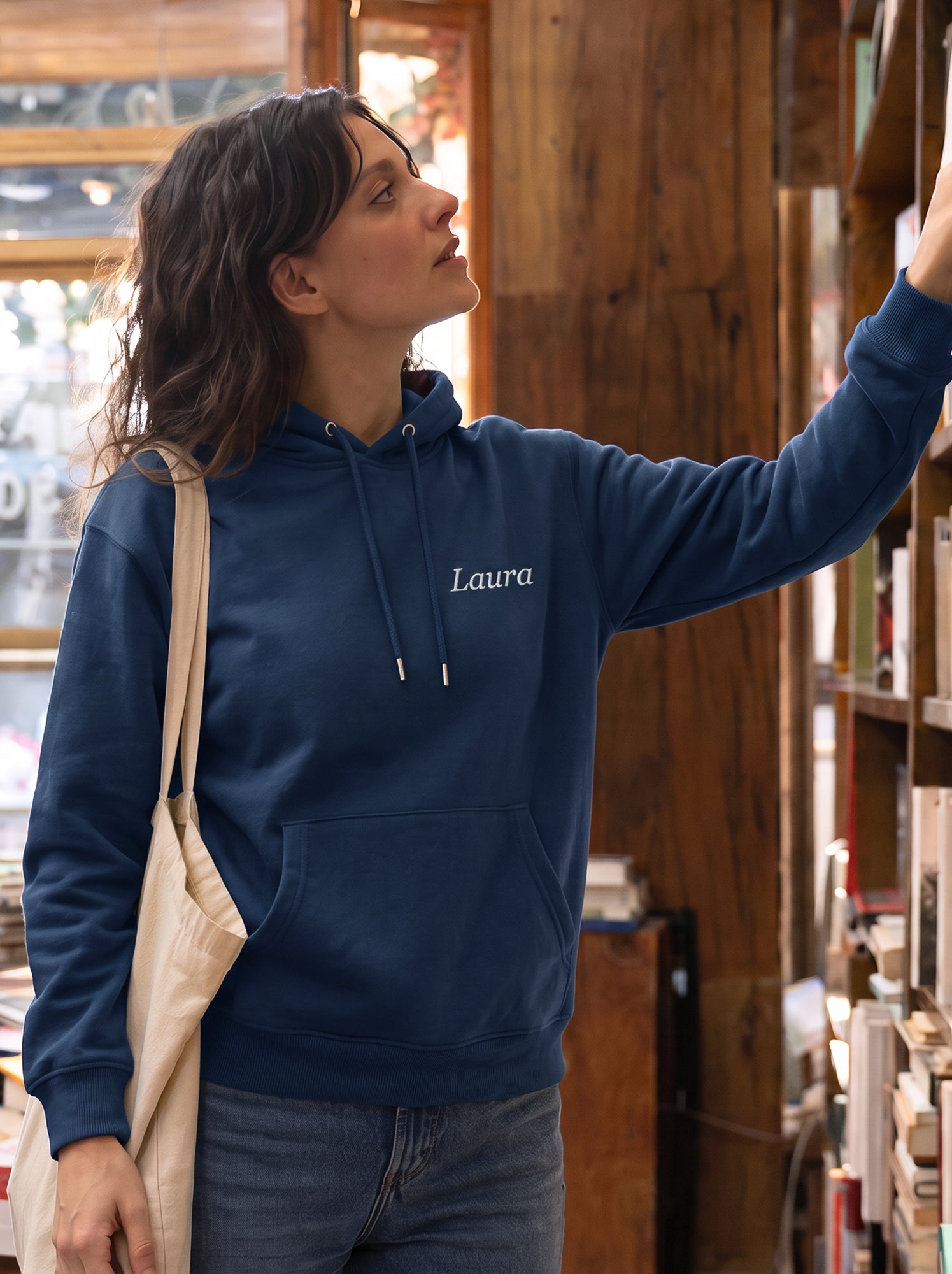 Sweat à capuche uni avec poche kangourou - Bleu