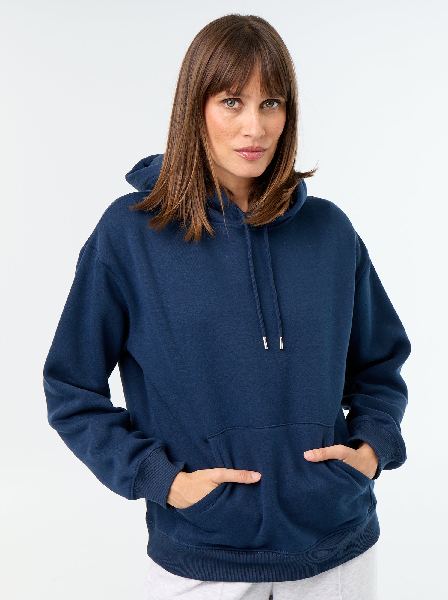 Sweat à capuche uni avec poche kangourou - Bleu