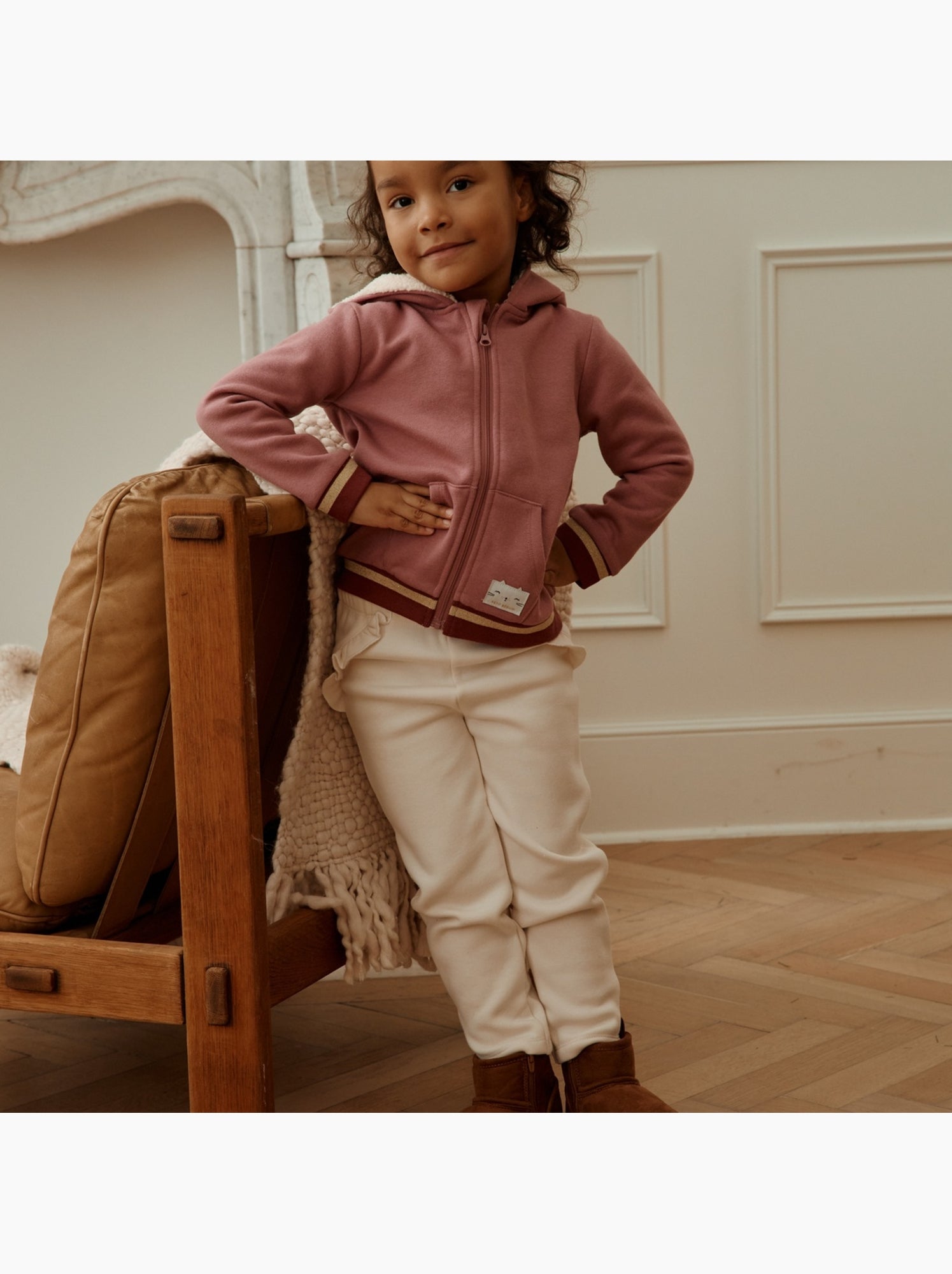 Sweat à capuche zippé enfant en molleton matcha - Rose