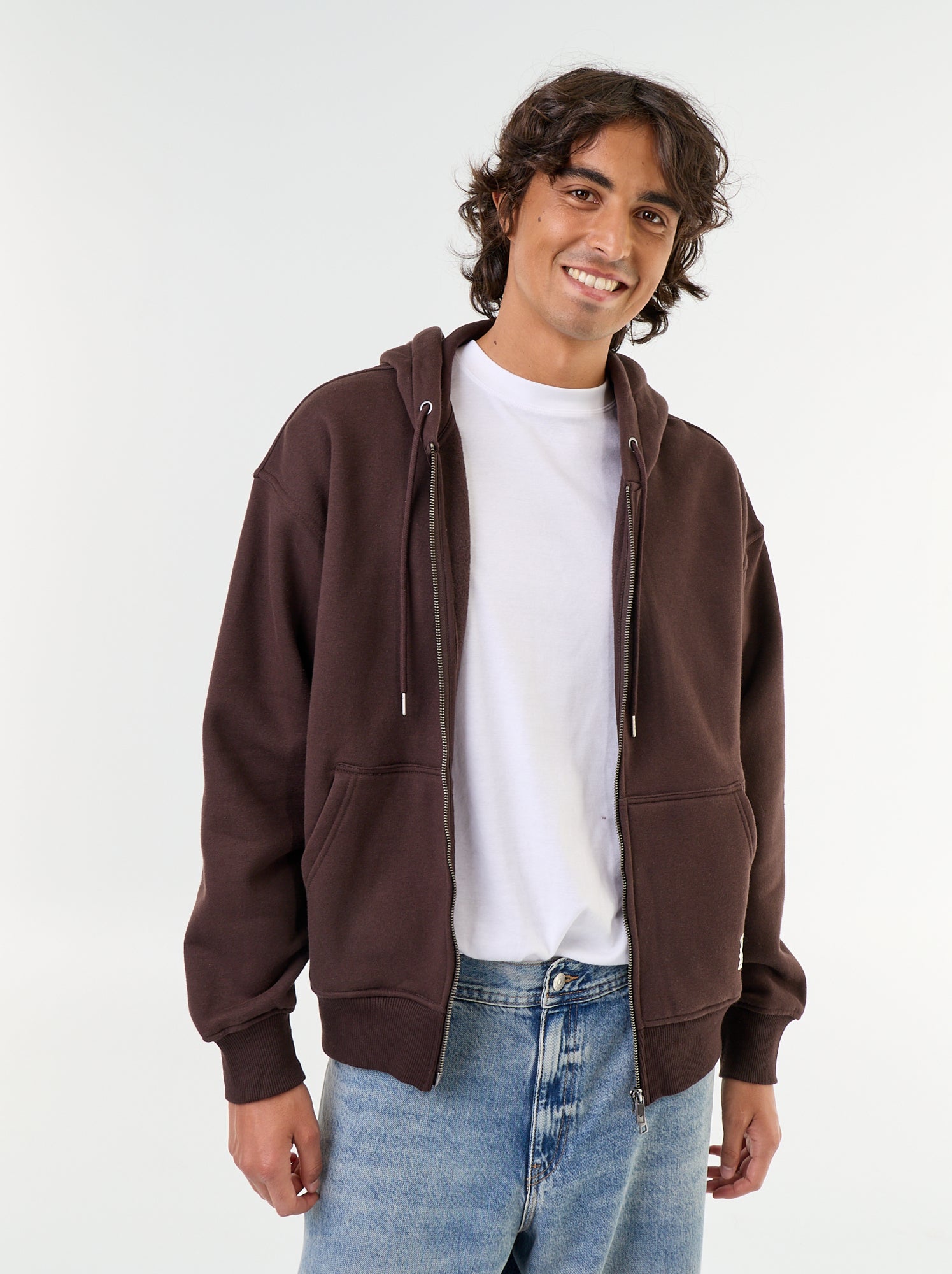 sweat à capuche zippée uni - Marron