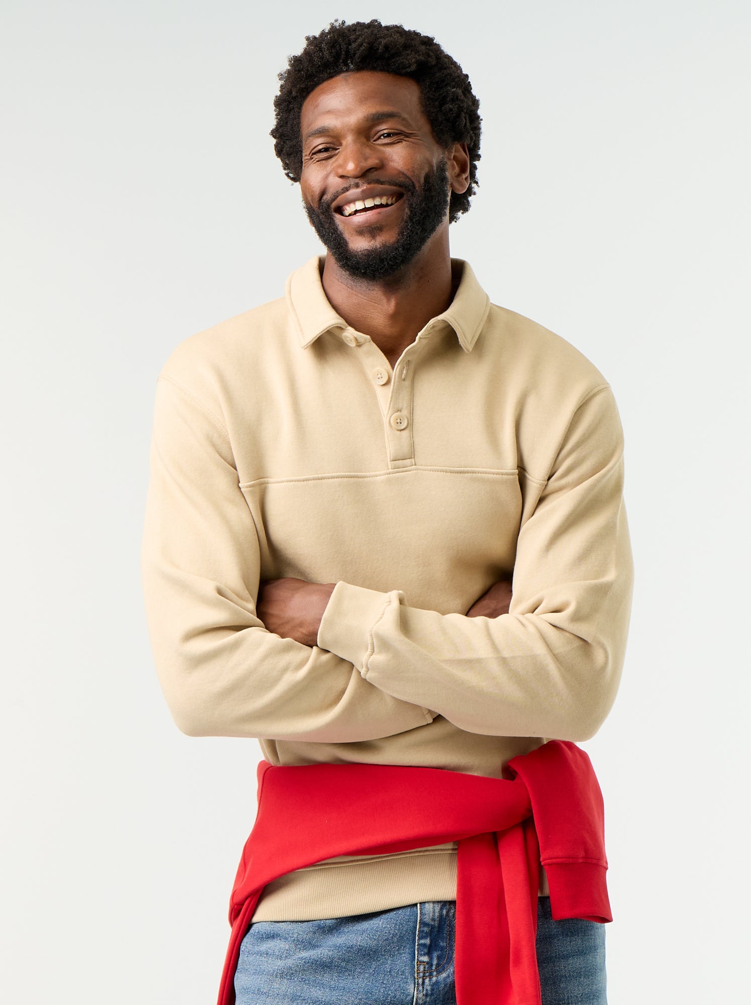 Sweat col polo en molleton - Beige