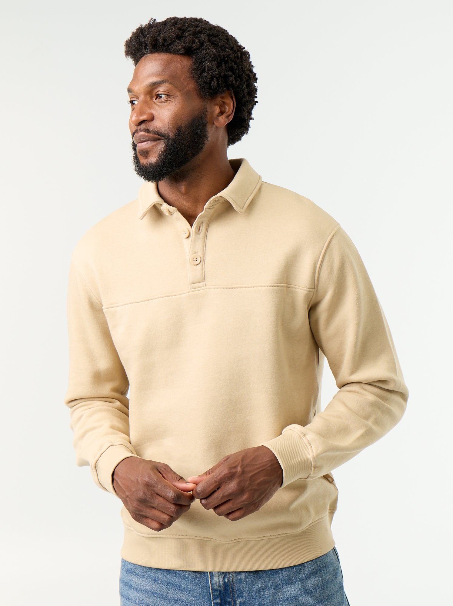Sweat col polo en molleton - Beige