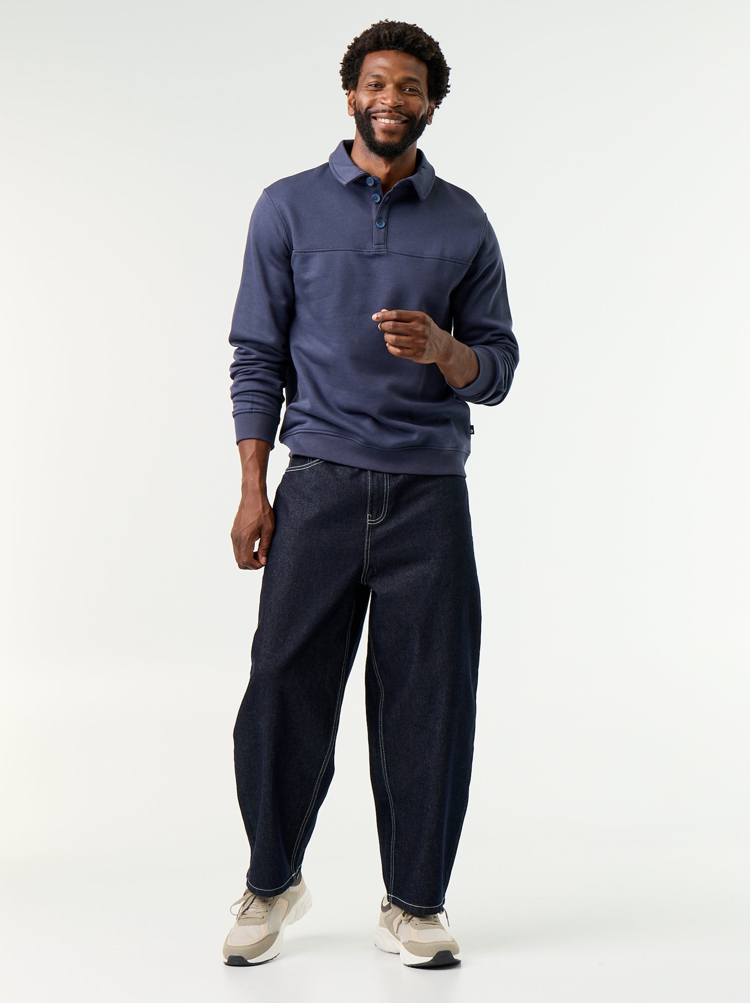 Sweat col polo en molleton - Bleu