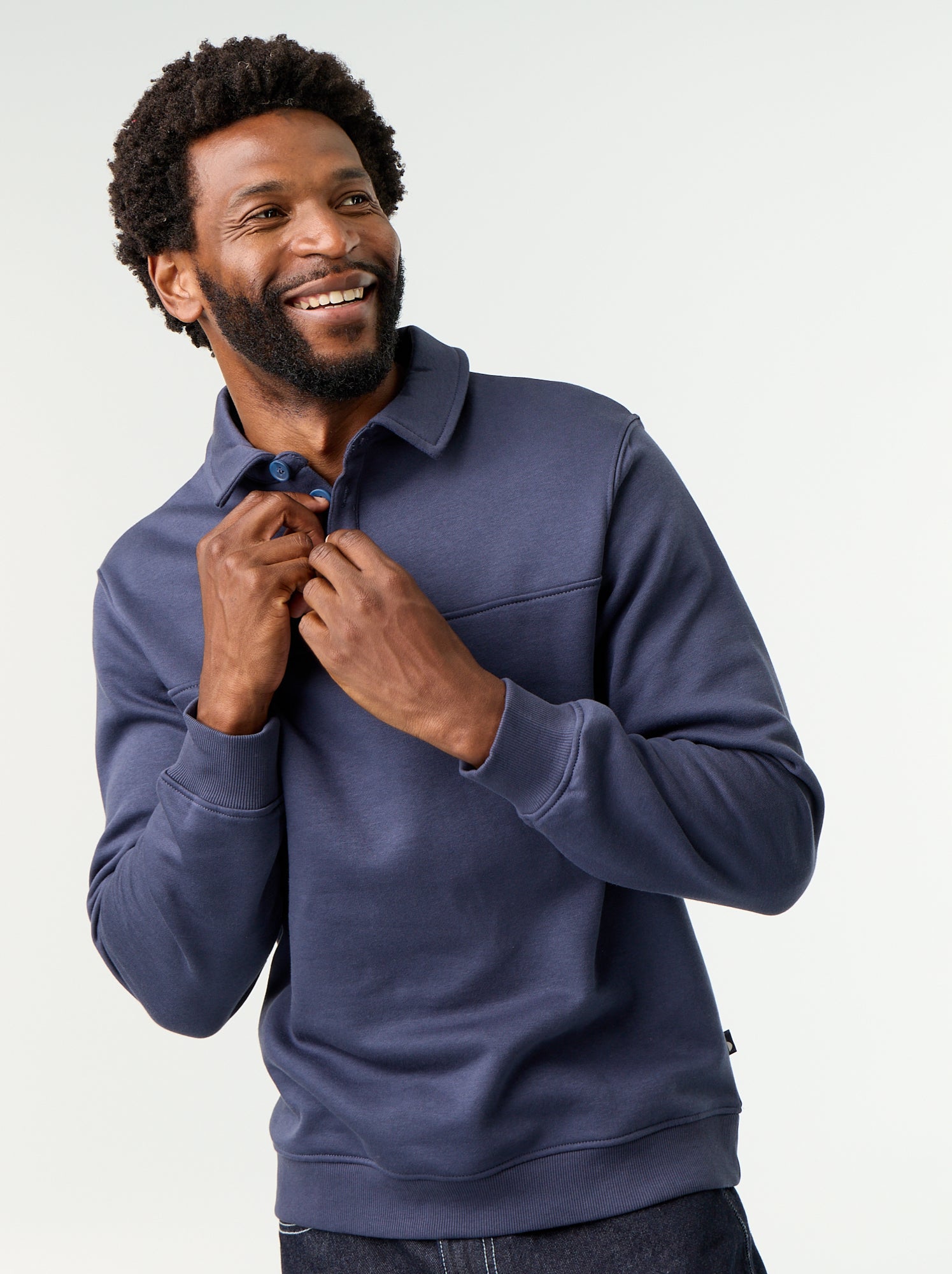 Sweat col polo en molleton - Bleu