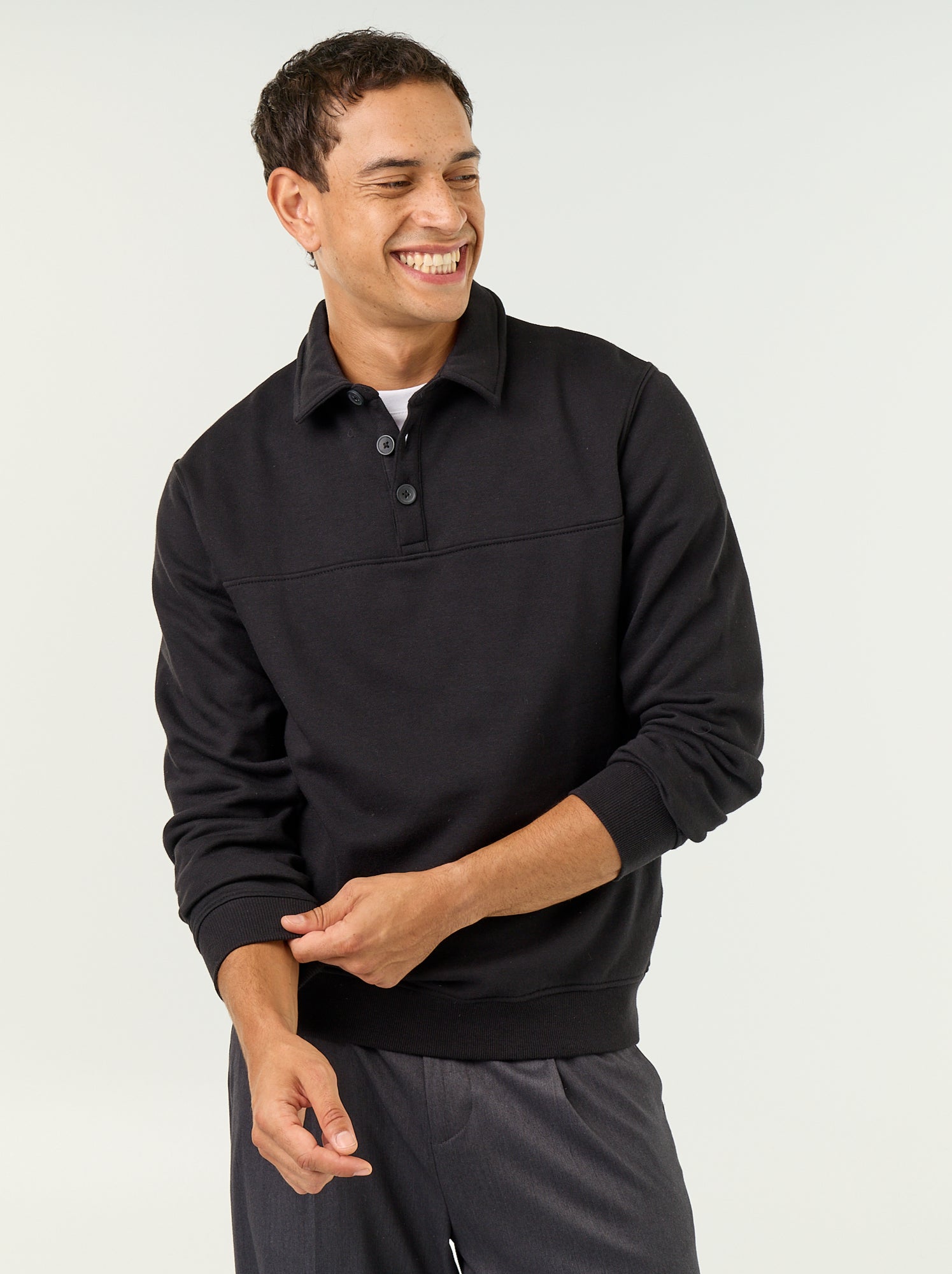 Sweat col polo en molleton - Noir
