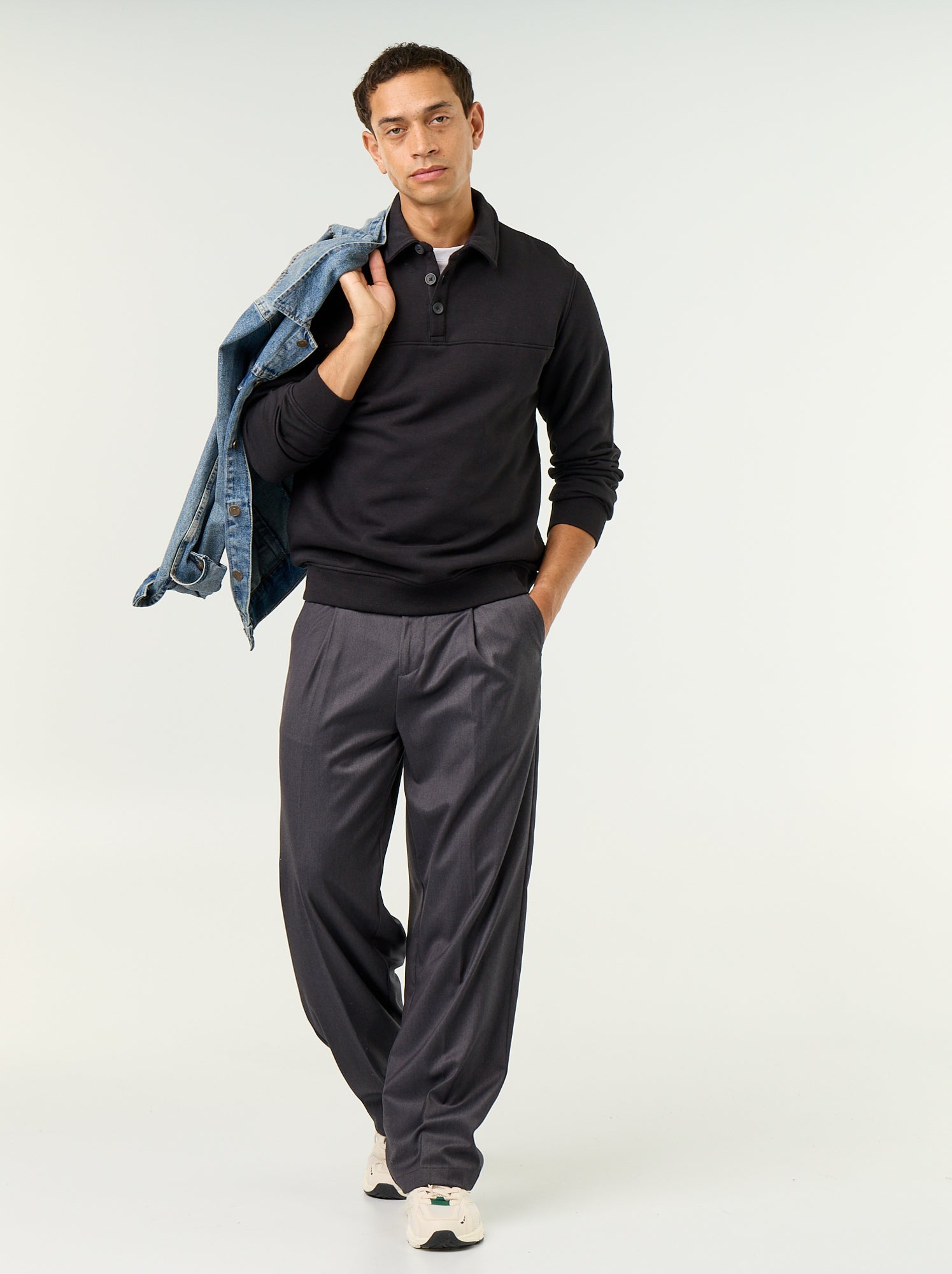 Sweat col polo en molleton - Noir