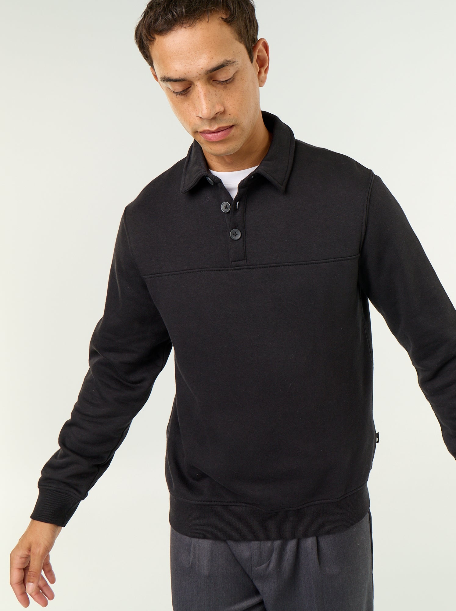 Sweat col polo en molleton - Noir