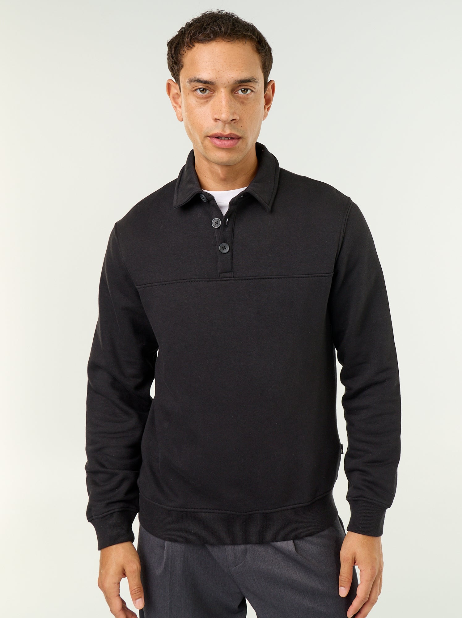 Sweat col polo en molleton - Noir