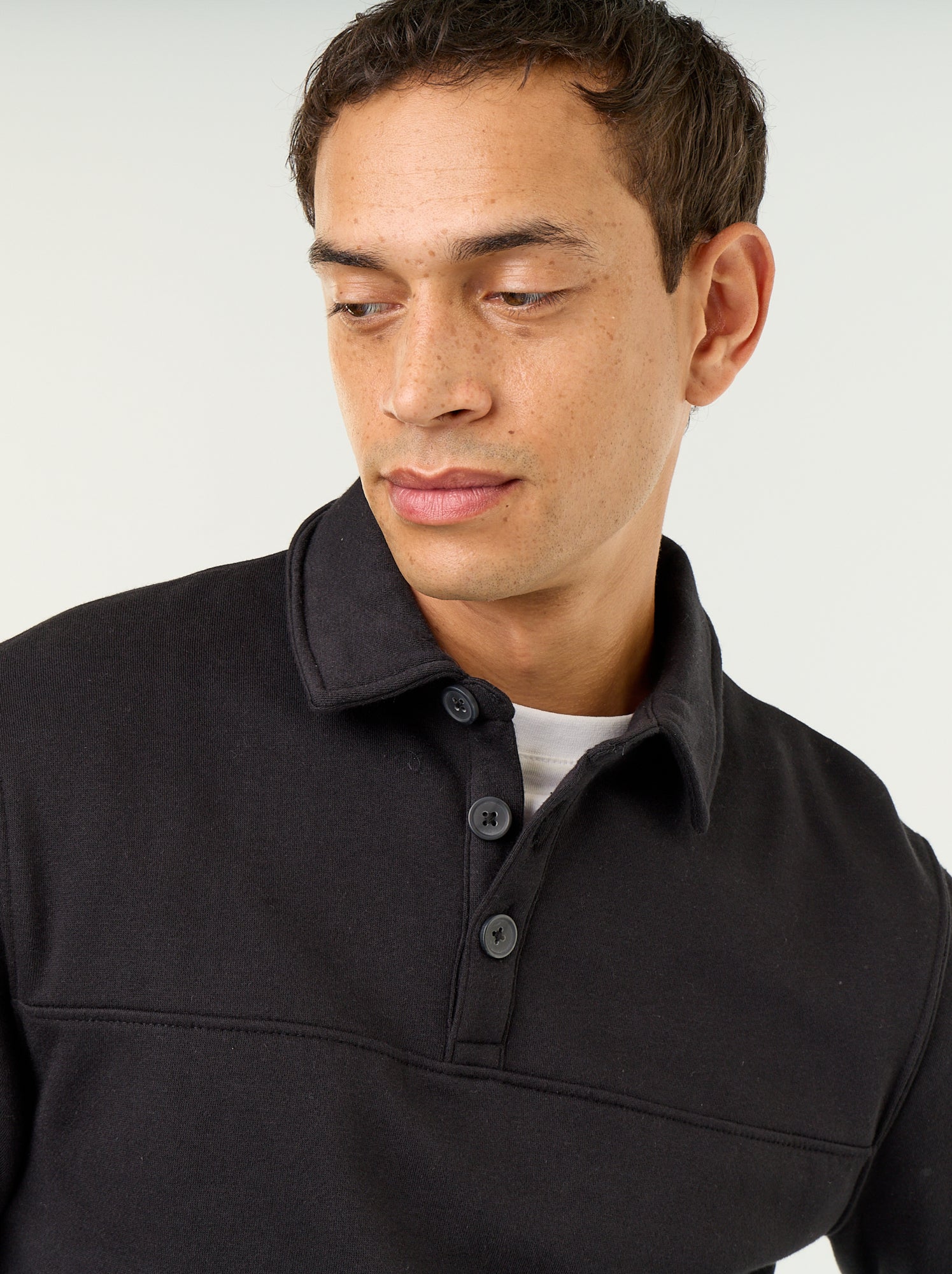 Sweat col polo en molleton - Noir