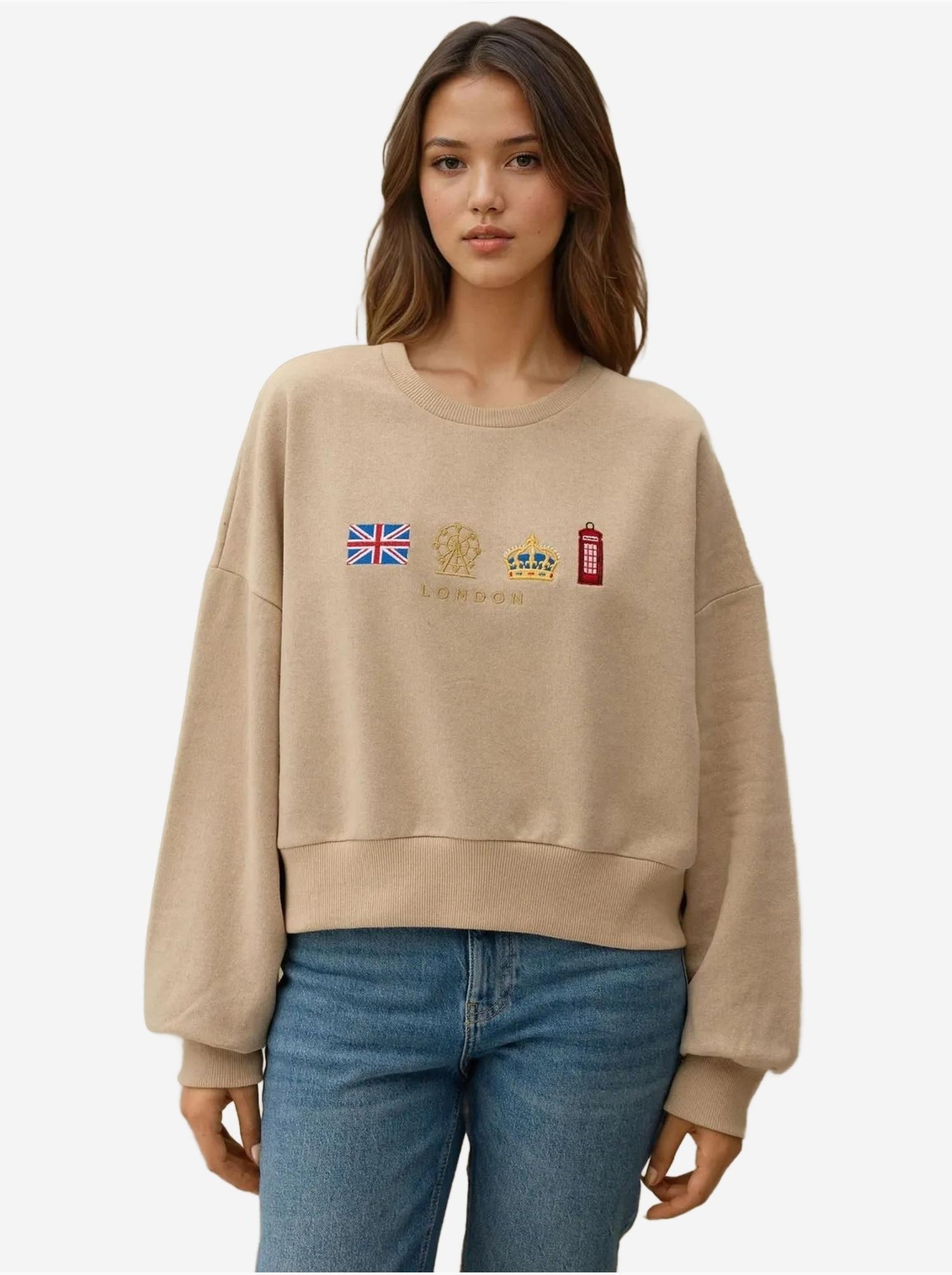 Sweat-shirt ras du cou brodé - Beige