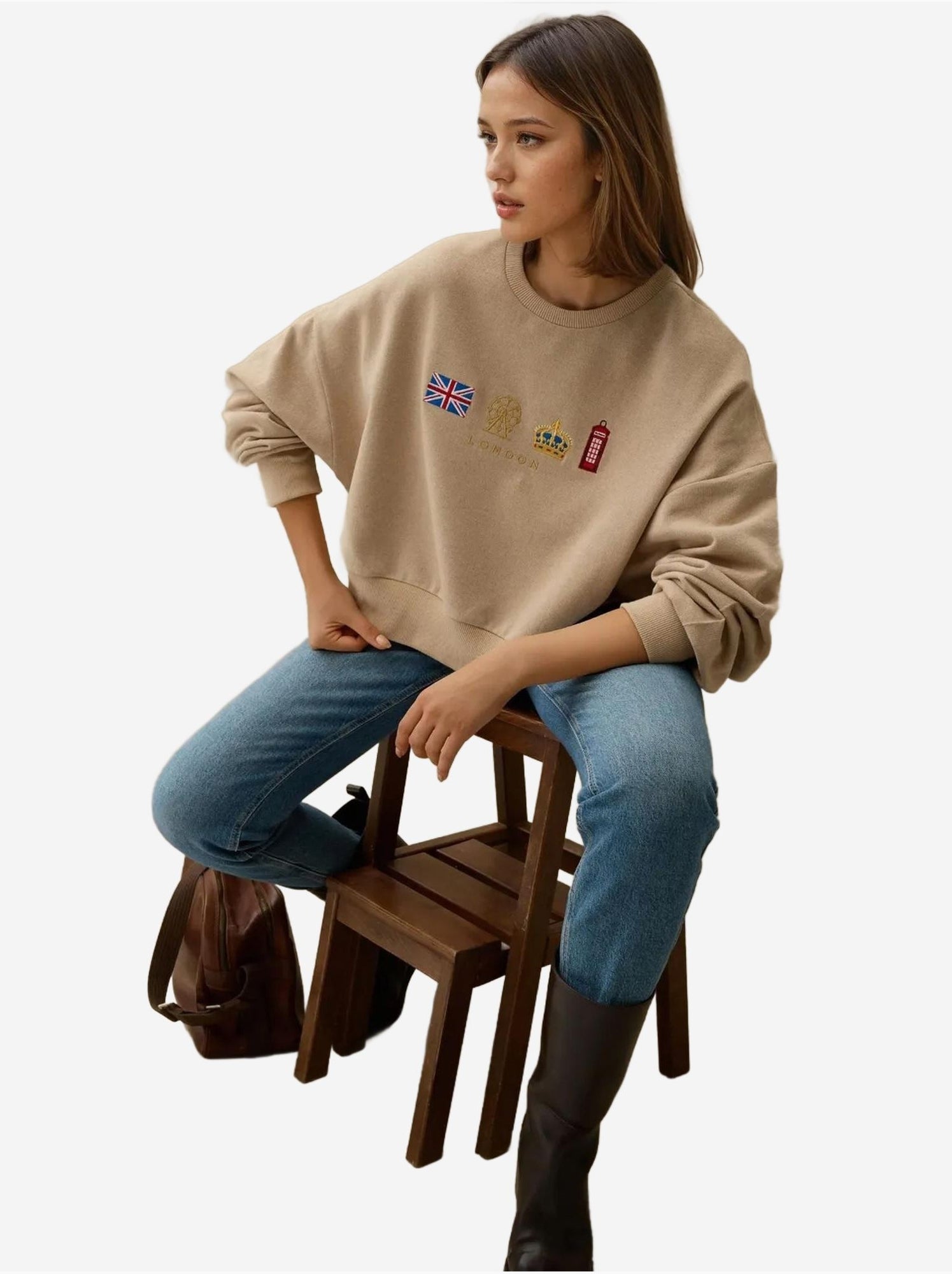 Sweat-shirt ras du cou brodé - Beige