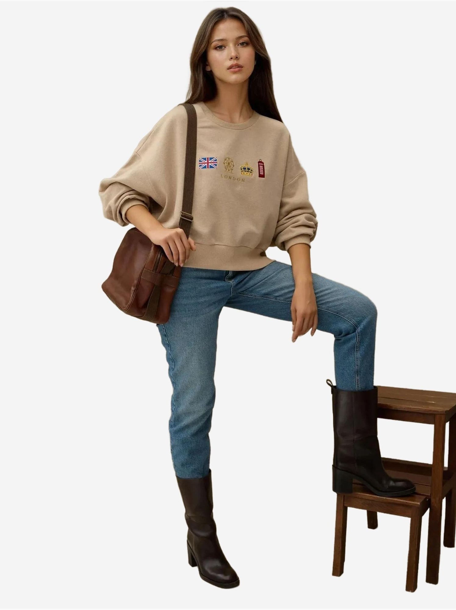Sweat-shirt ras du cou brodé - Beige