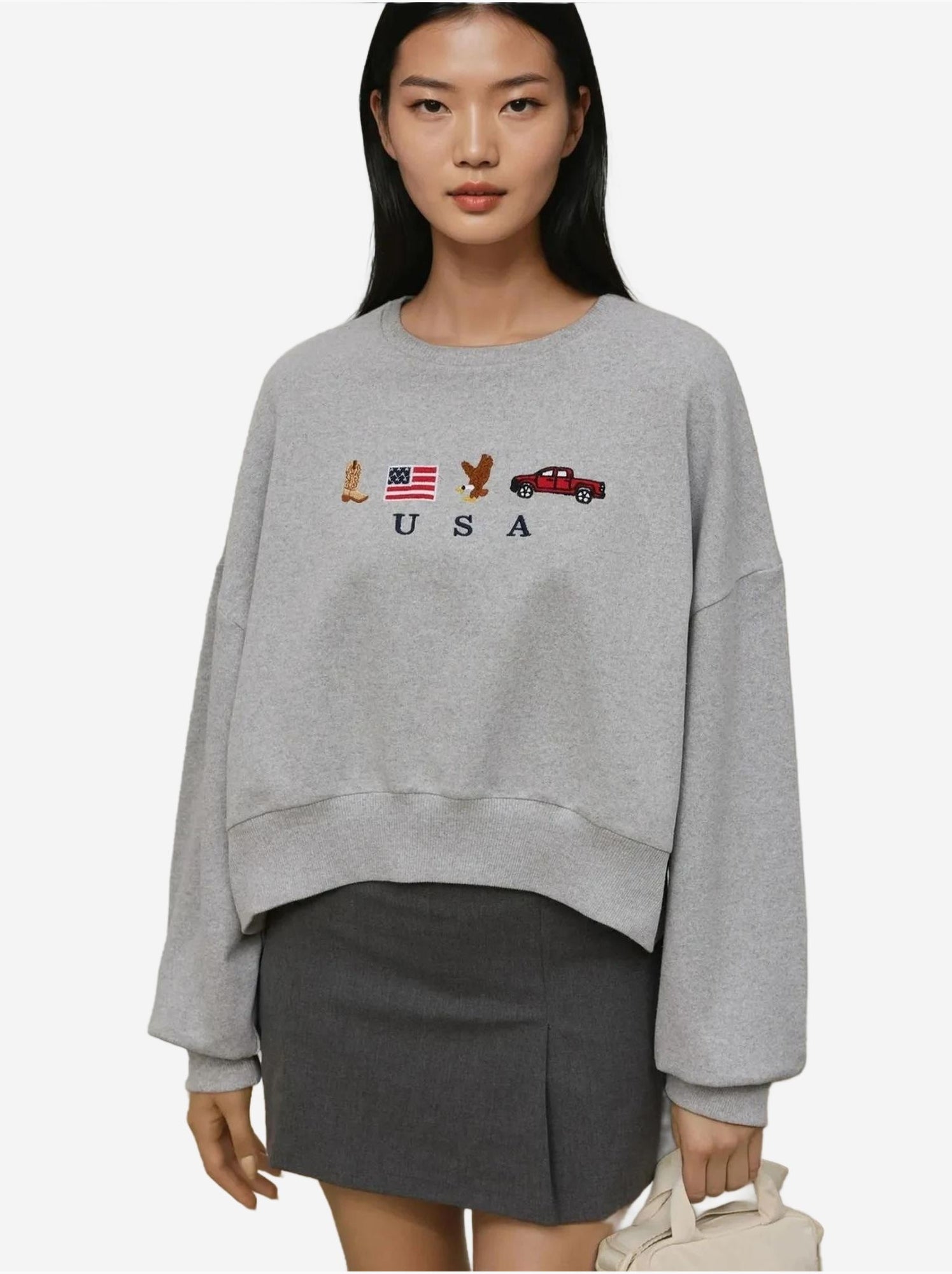 Sweat-shirt ras du cou brodé - Gris clair