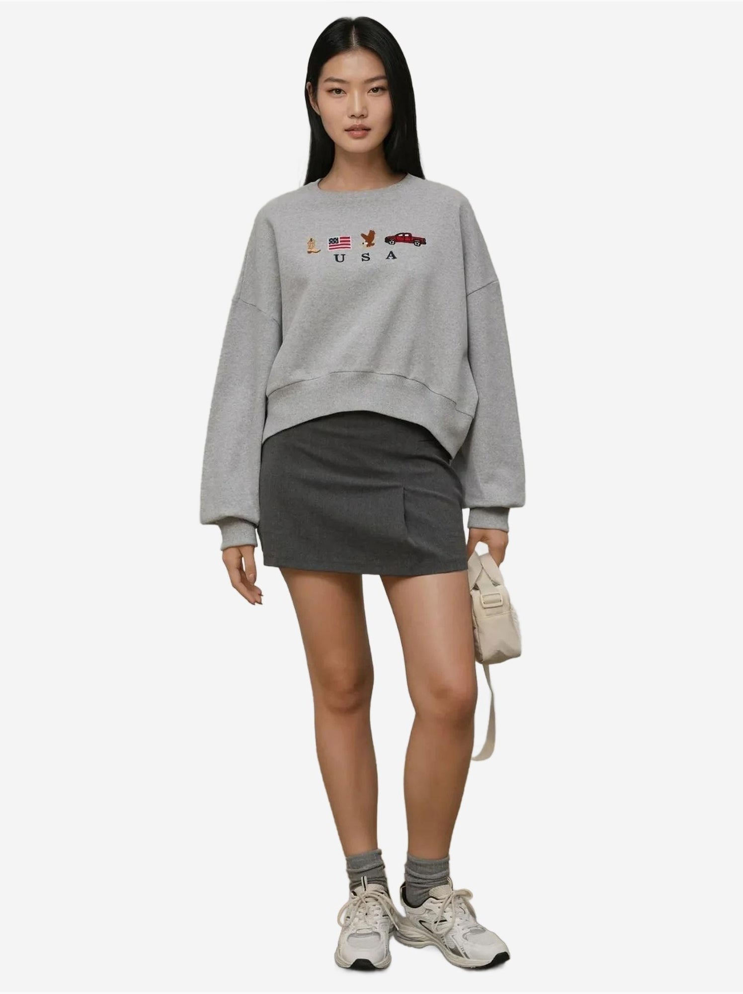 Sweat-shirt ras du cou brodé - Gris clair