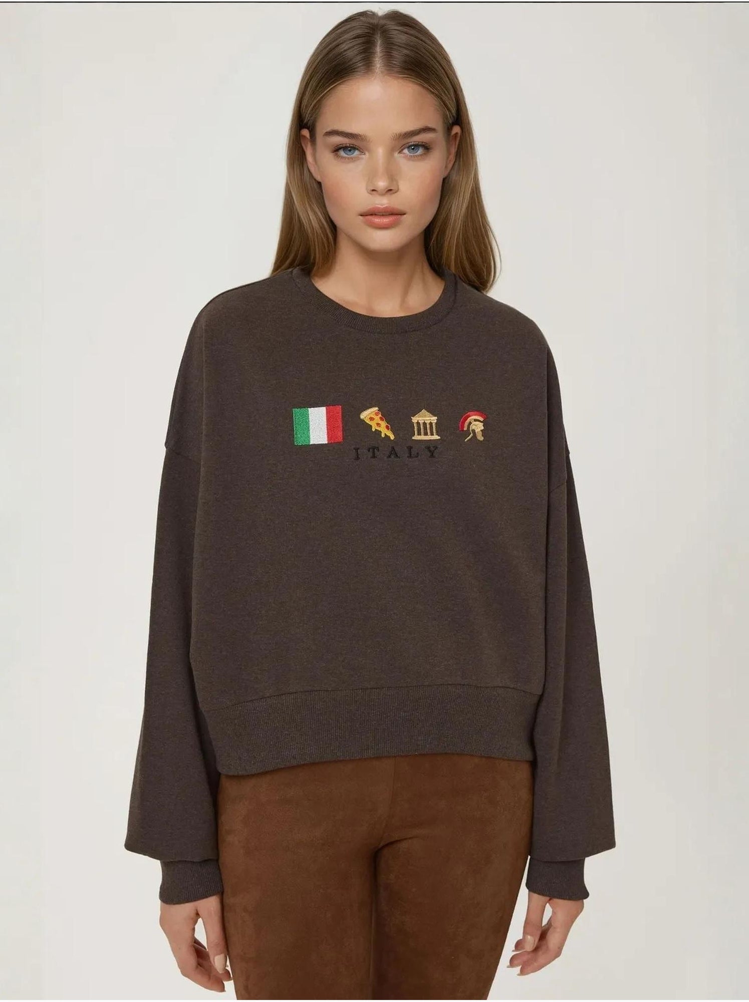 Sweat-shirt ras du cou brodé - Marron foncé