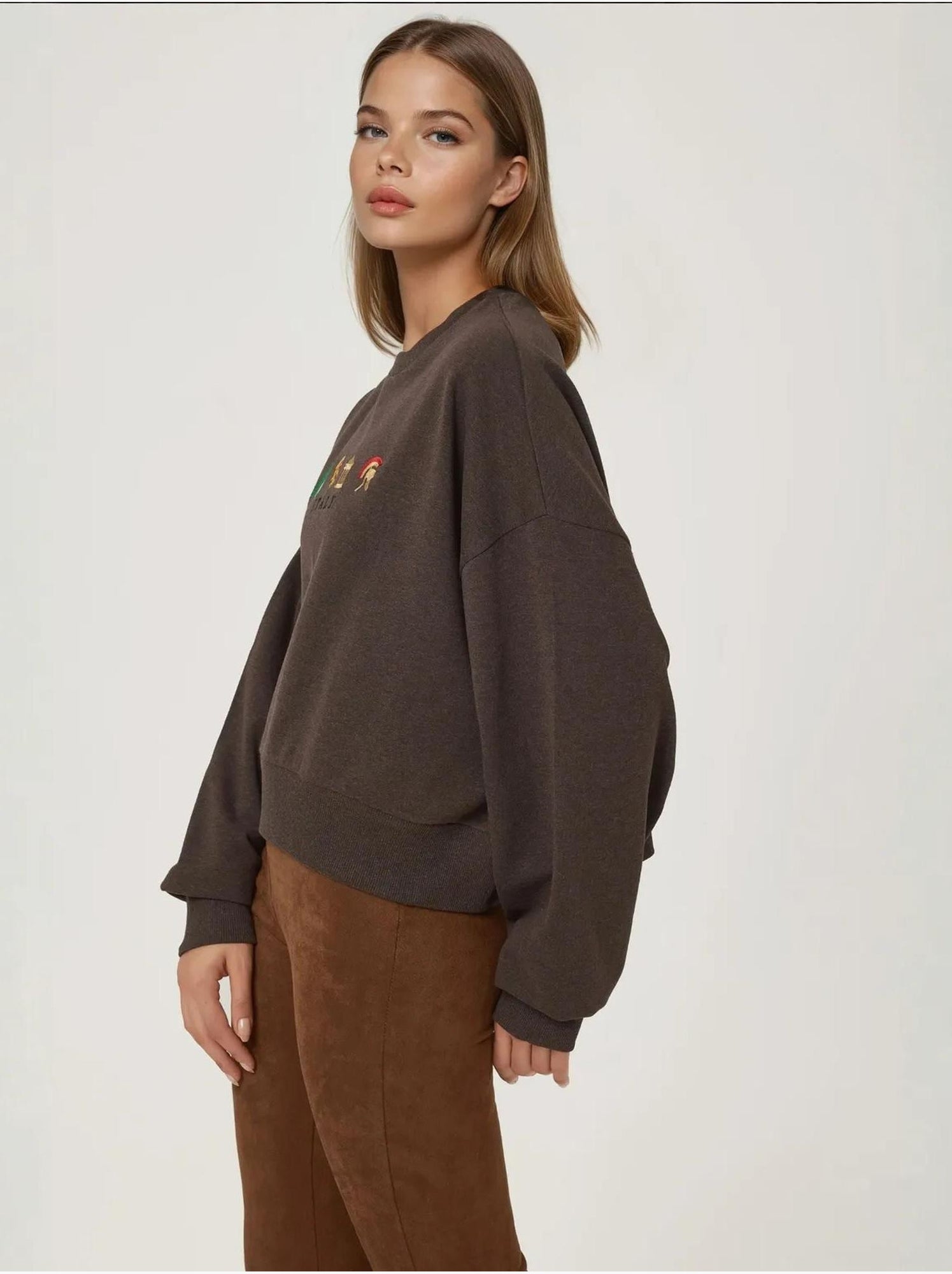 Sweat-shirt ras du cou brodé - Marron foncé